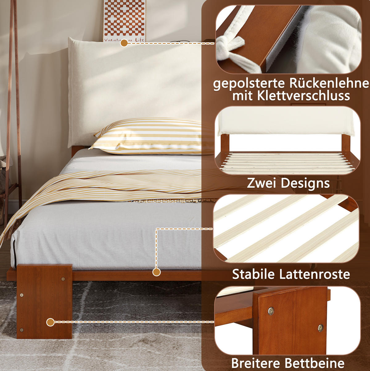ČALOUNĚNÁ postel 90/200 cm tmavě hnědá ze dřeva a tkaniny s opěrkou a lamelovým roštem - hnědá, textil (90/200cm) - OKWISH