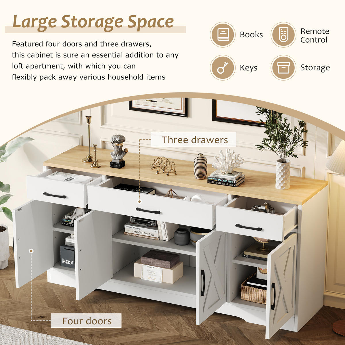 SIDEBOARD DE-37730 mit 3 Schubladen und 4 Türen Weiß - Weiß, Holzwerkstoff (160/75/37cm) - ComfortXL