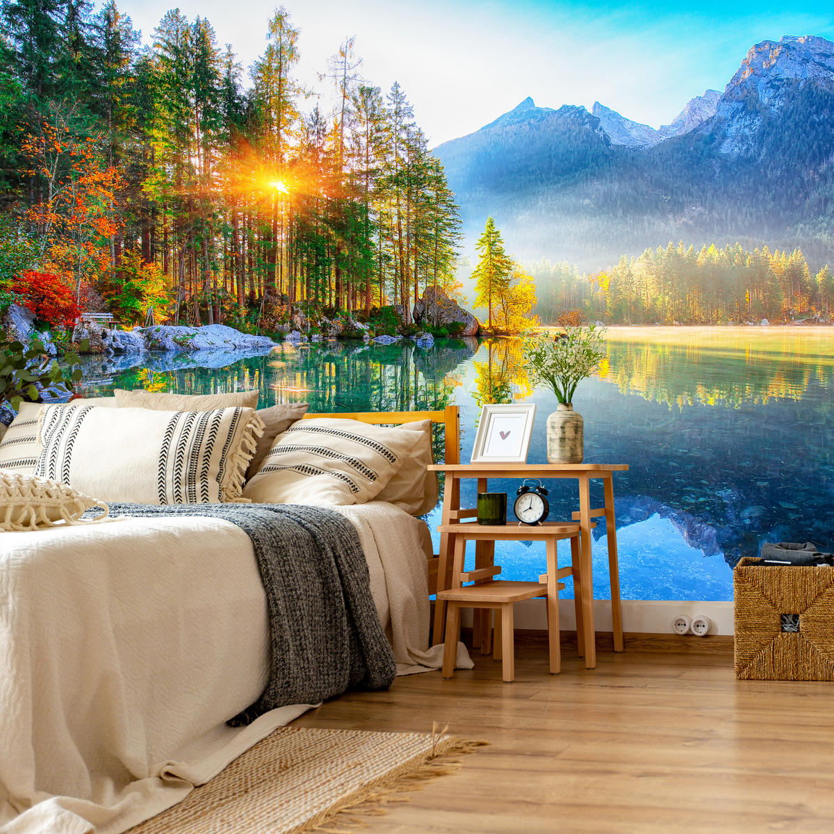 FOTOTAPETE für Schlafzimmer See Berge Bäume Sonnenuntergang Natur 350x256 - Gelb/Rot, Papier (350/256cm) - Muralo