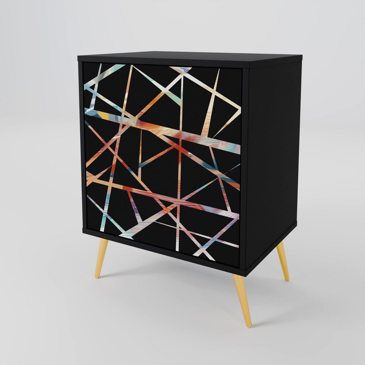 SIDEBOARD POLYGON VERVE, Schwarz, 57,5x42x70,5 cm, Schwarze Metall-Sternfüße - Multicolor/Schwarz, Holzwerkstoff/Metall (57.5/70.5/42cm) - SpaceRebels