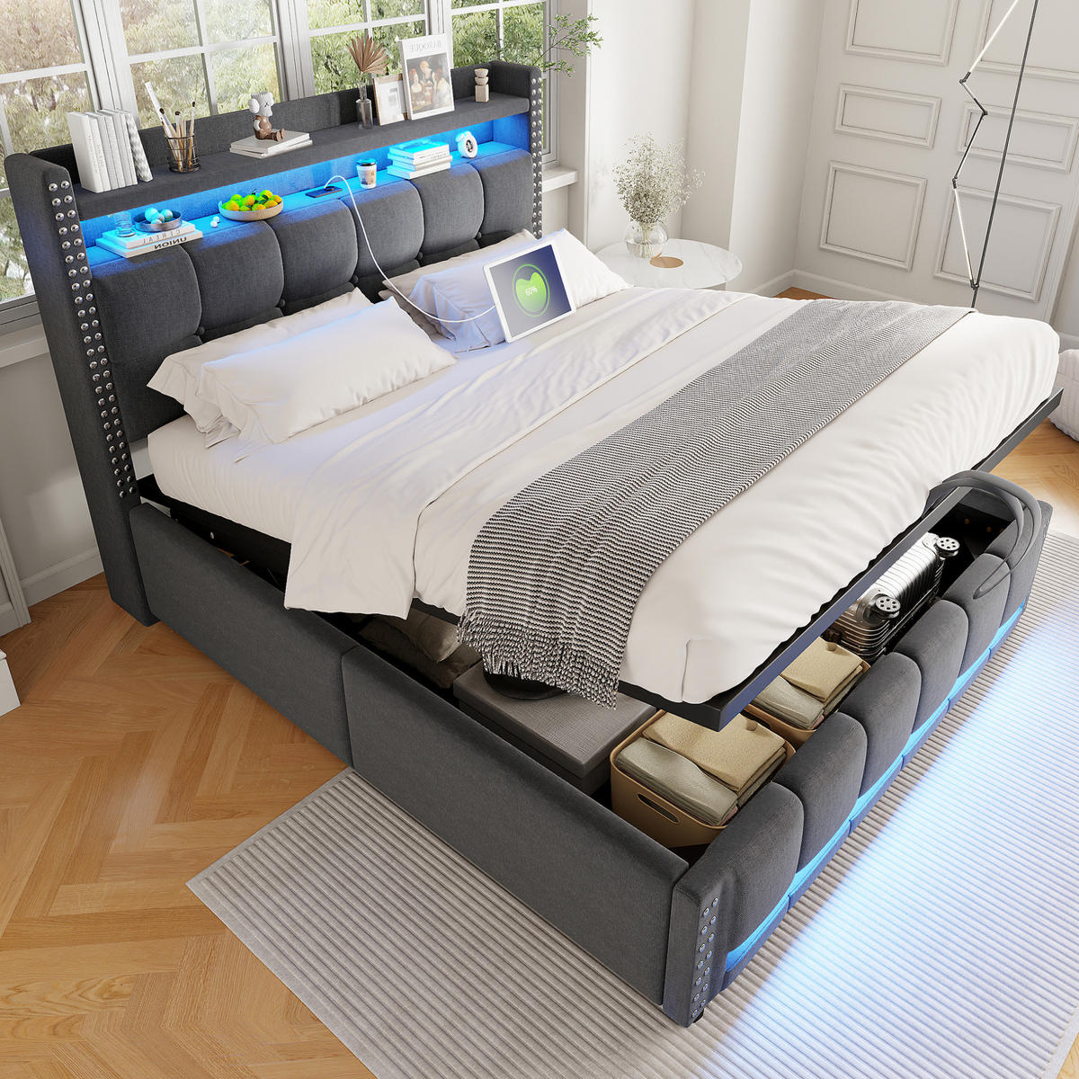POLSTERBETT mit Stauraum und LED 160x200 cm Leinen Grau - Grau, Metall (160/200cm) - Meubliv