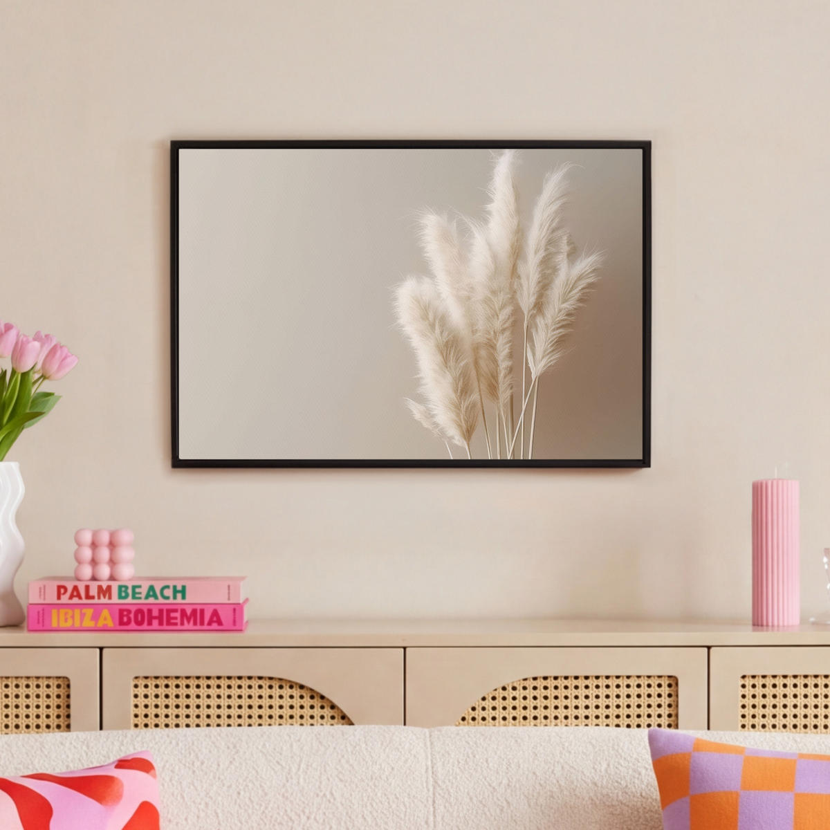 LEINWAND Bilder mit Rahmen - Pampasgras - Federn - Pastell - Weiß - 60x40 - Naturfarben, Textil (60/40cm) - MuchoWow