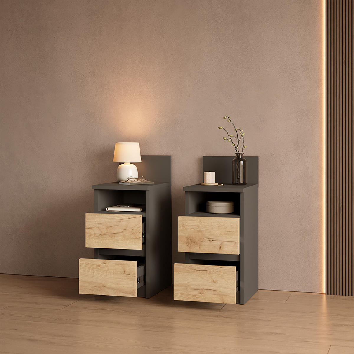 NACHTTISCH Roya, Anthrazit/Goldkraft Eiche, 2er Set - Honigeiche/Anthrazit, Holzwerkstoff (25/59.1/32.3cm) - Livinity®