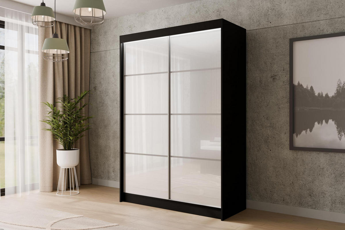 KLEIDERSCHRANK PEKA III mit LED - 150 cm - Schwarz|Weiß - Schwarz/Weiß, Holzwerkstoff (150/215/61cm) - ALTDECOR