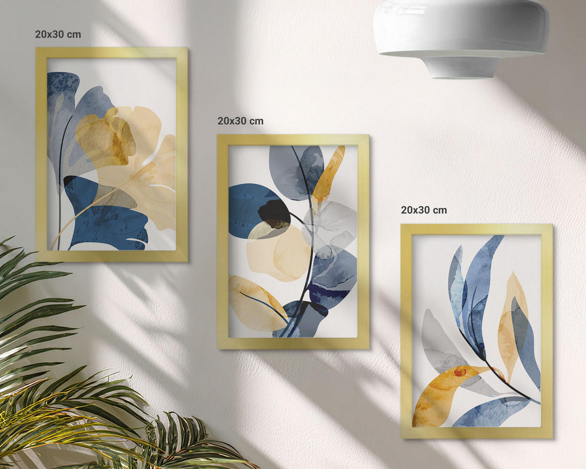 BILDER SET 3er Set - 20x30 cm Goldrahmen - Aquarell-Pflanzenmotive - Goldfarben, Kunststoff (20/30cm) - TULUP