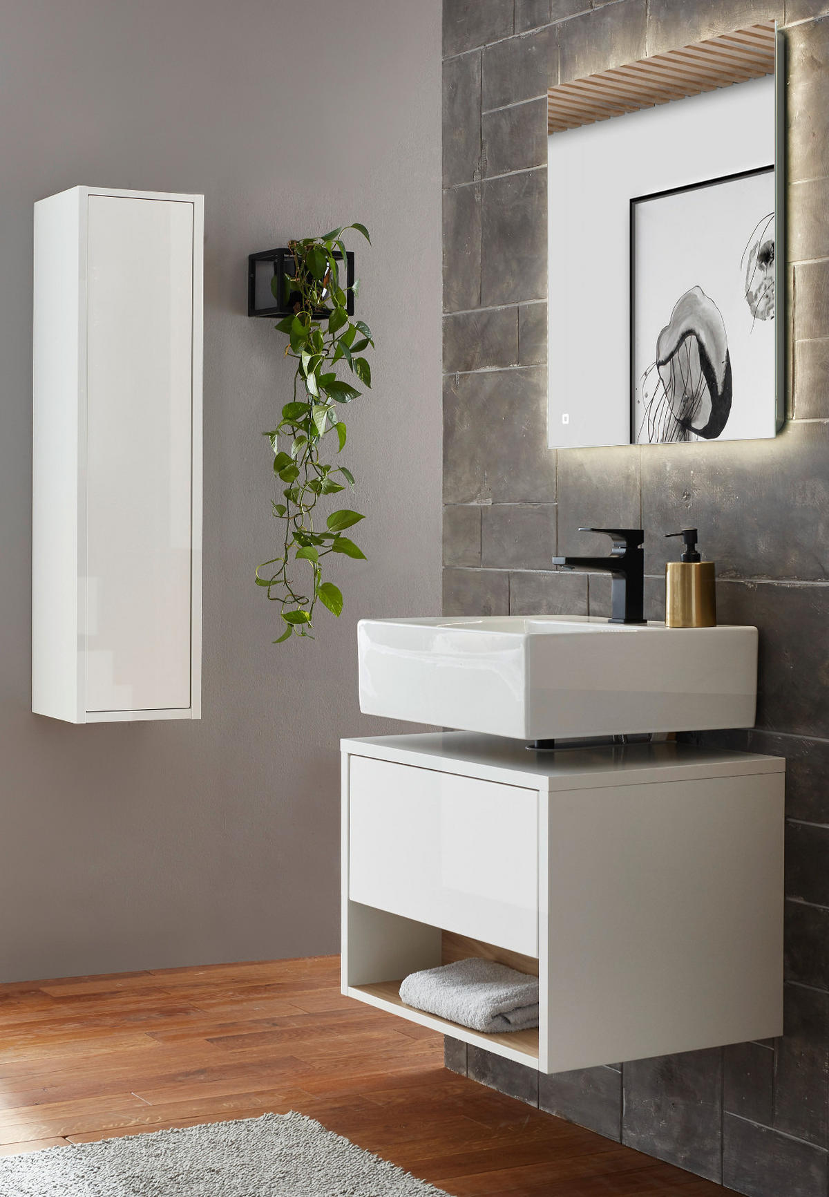 BADSPIEGEL-SET 3-teilig weiß Hochglanz, Eiche, Badmöbel mit LED Beleuchtung 100 cm - Weiß Hochglanz, Glas/Holzwerkstoff (100/190/46cm) - Furn.Design