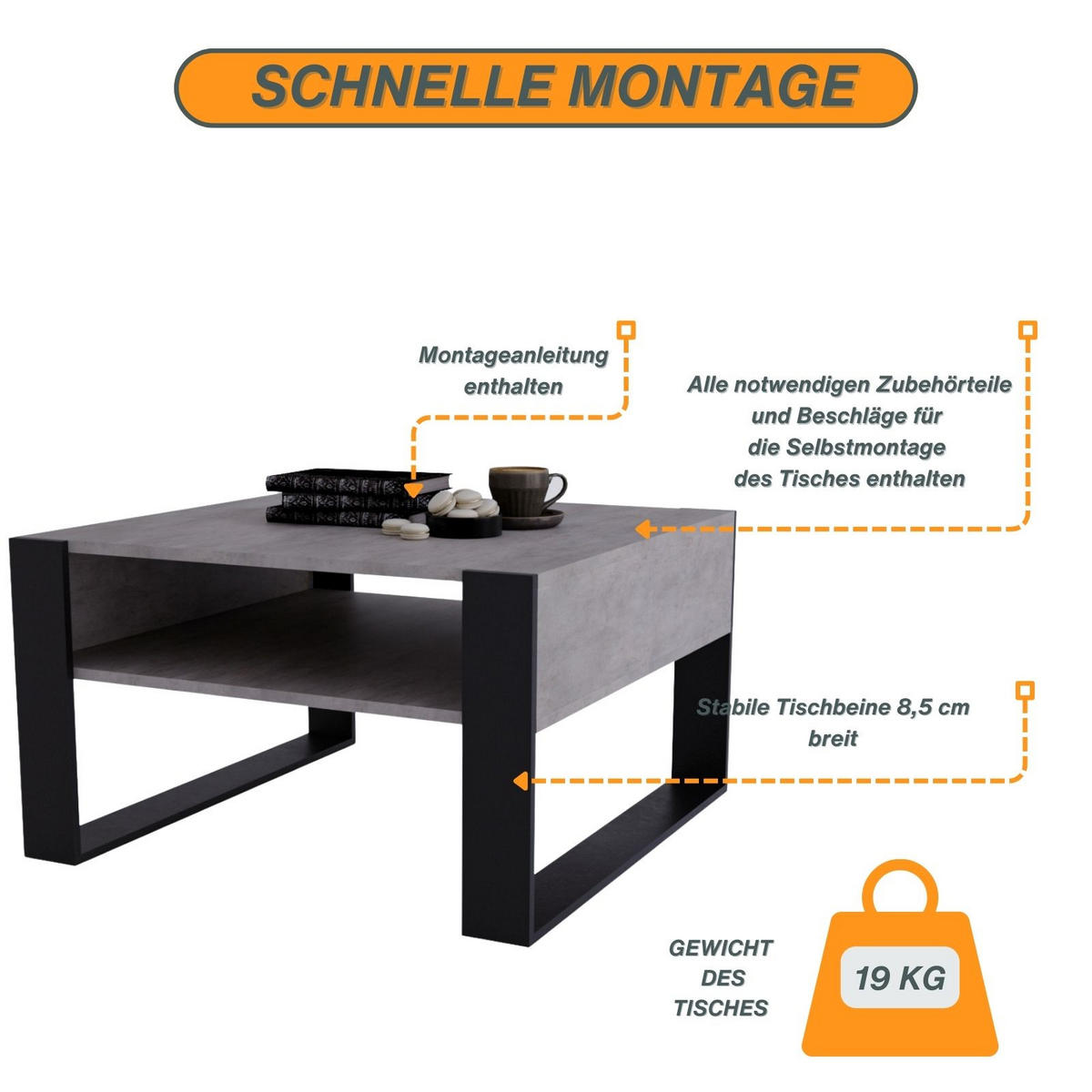 COUCHTISCH Holzwerkstoff rechteckig stabil Grau 45/71.5/68cm - Schwarz/Grau, Holzwerkstoff (71.5/68/45cm) - CraftPAK
