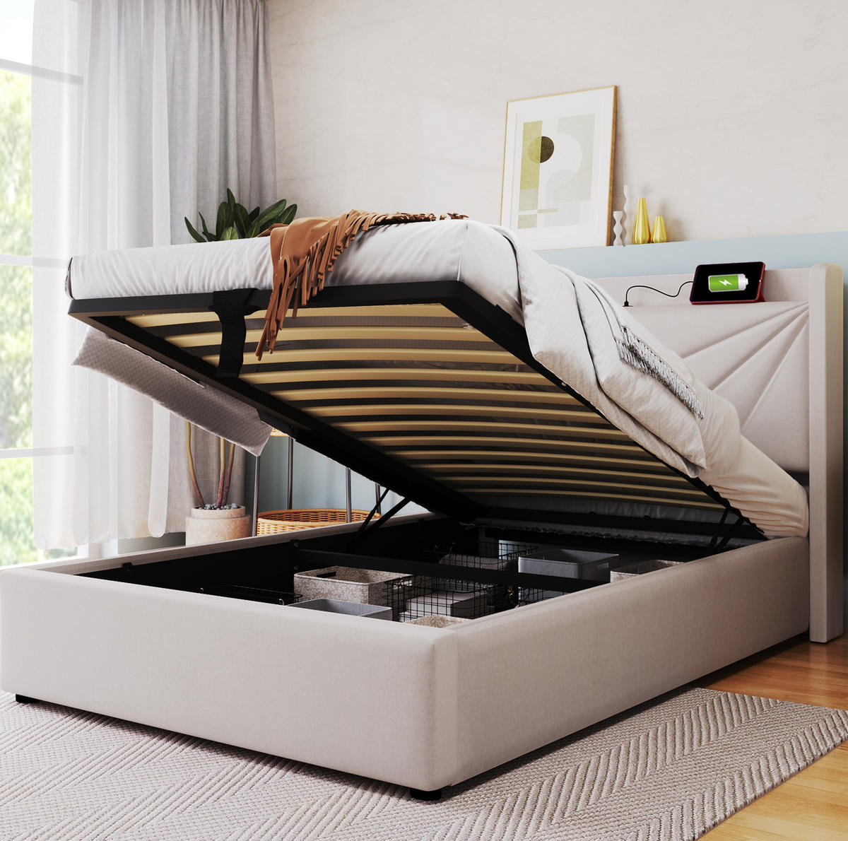BETT mit Bettkasten und USB/Typ-C 90x200 cm Beige inkl. Matratze - Beige, Metall (90/200cm) - Meubliv