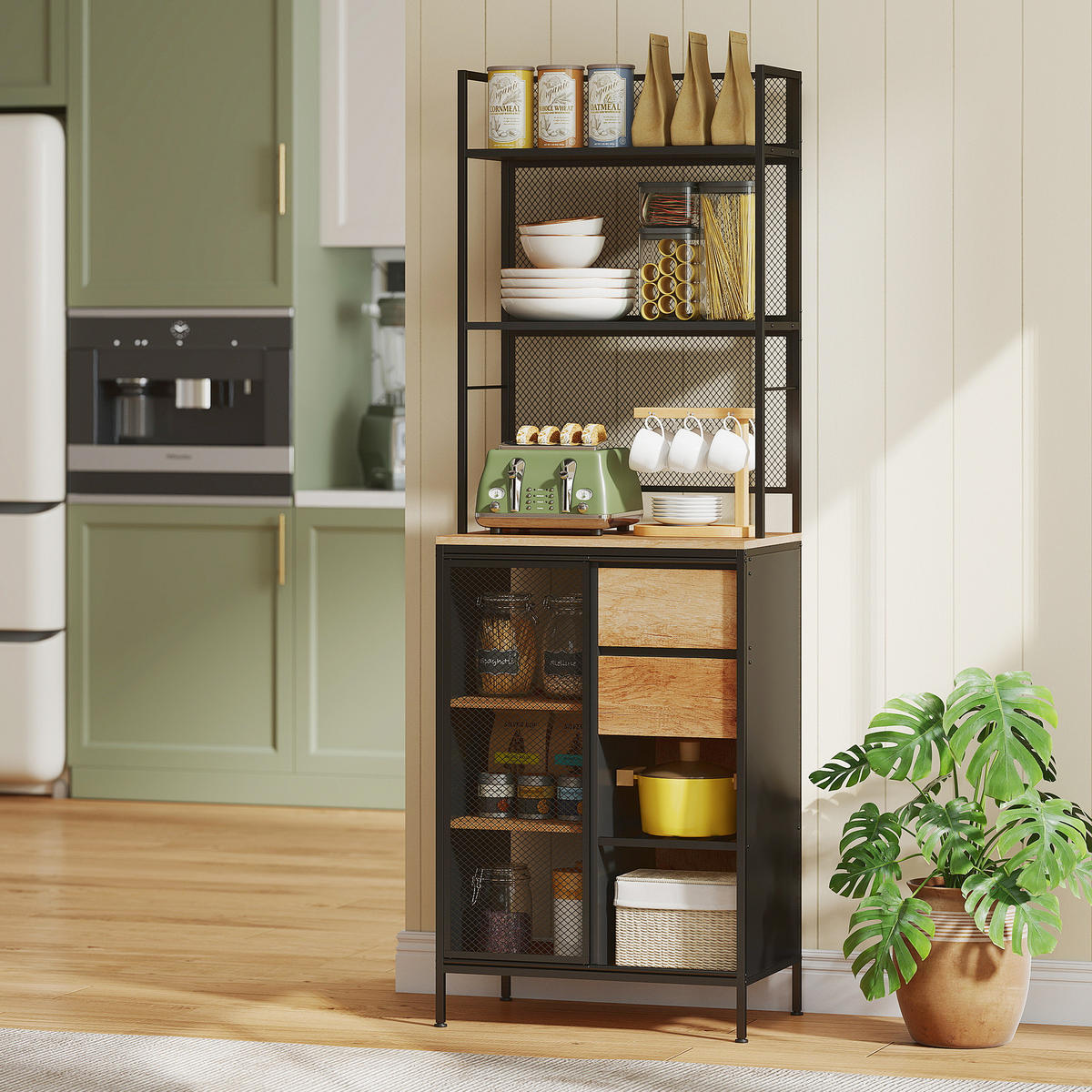 BUFFET DE-11219 Schiebetür mit Schublade & offenen Fächern Naturholz - Naturfarben, Holzwerkstoff (40/180/60cm) - ComfortXL