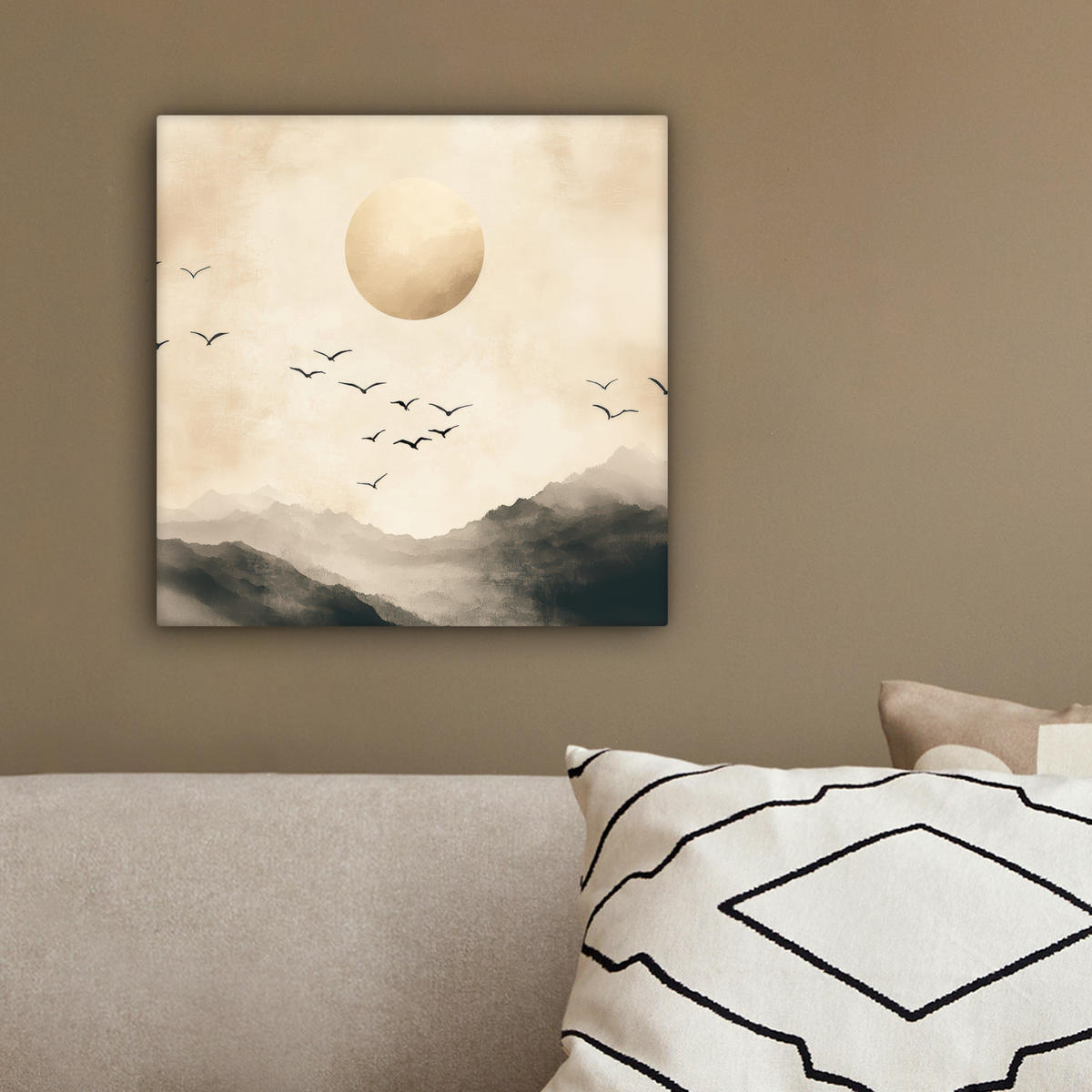 LEINWANDBILD Landschaft - Japandi - Vogel 20x20 cm - Beige, Textil (20/20cm) - MuchoWow