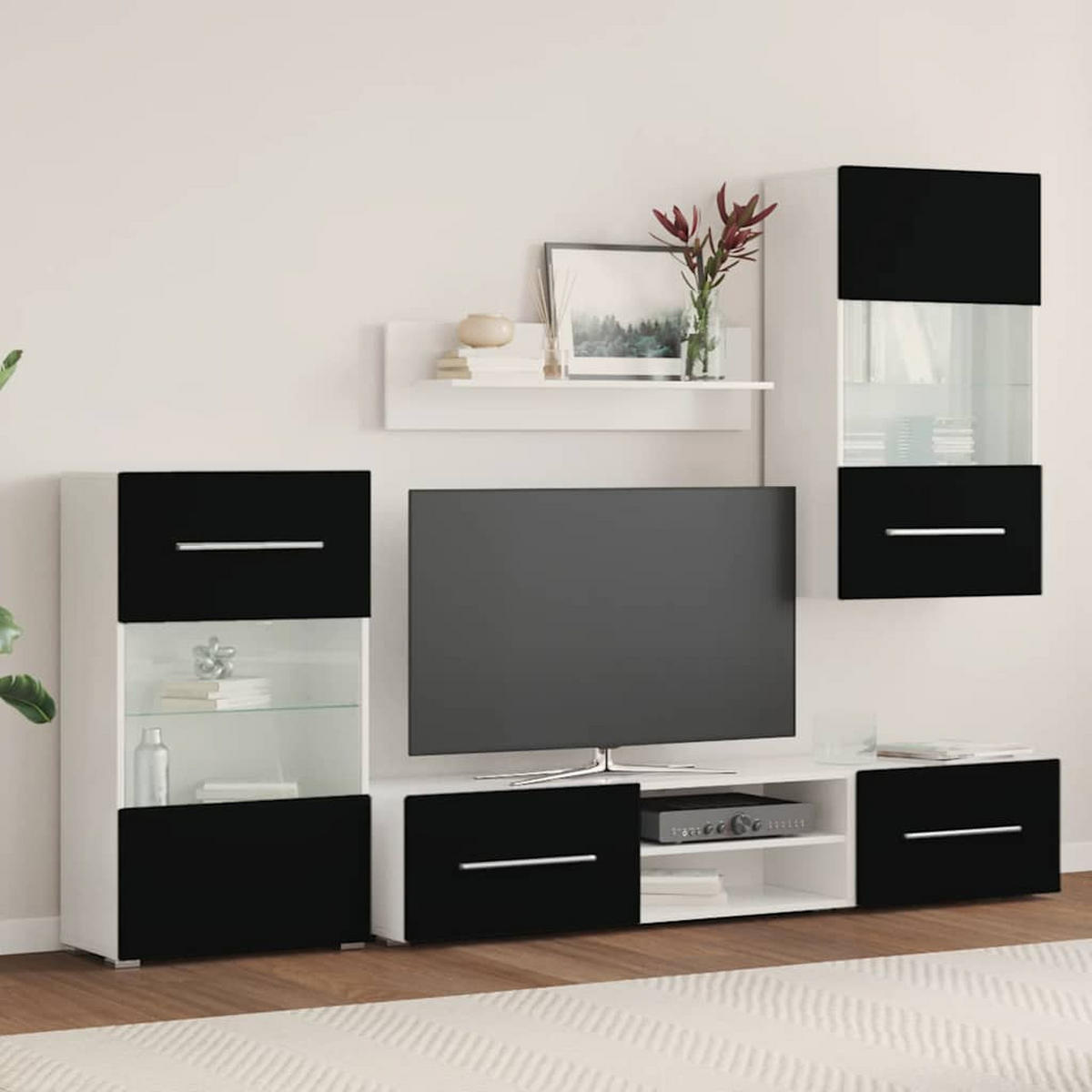 WOHNWAND 5-teilig mit Led-Beleuchtung 240 cm aus Holzwerkstoff in Schwarz, Weiß - Schwarz, Holz (240/195/40cm) - vidaXL