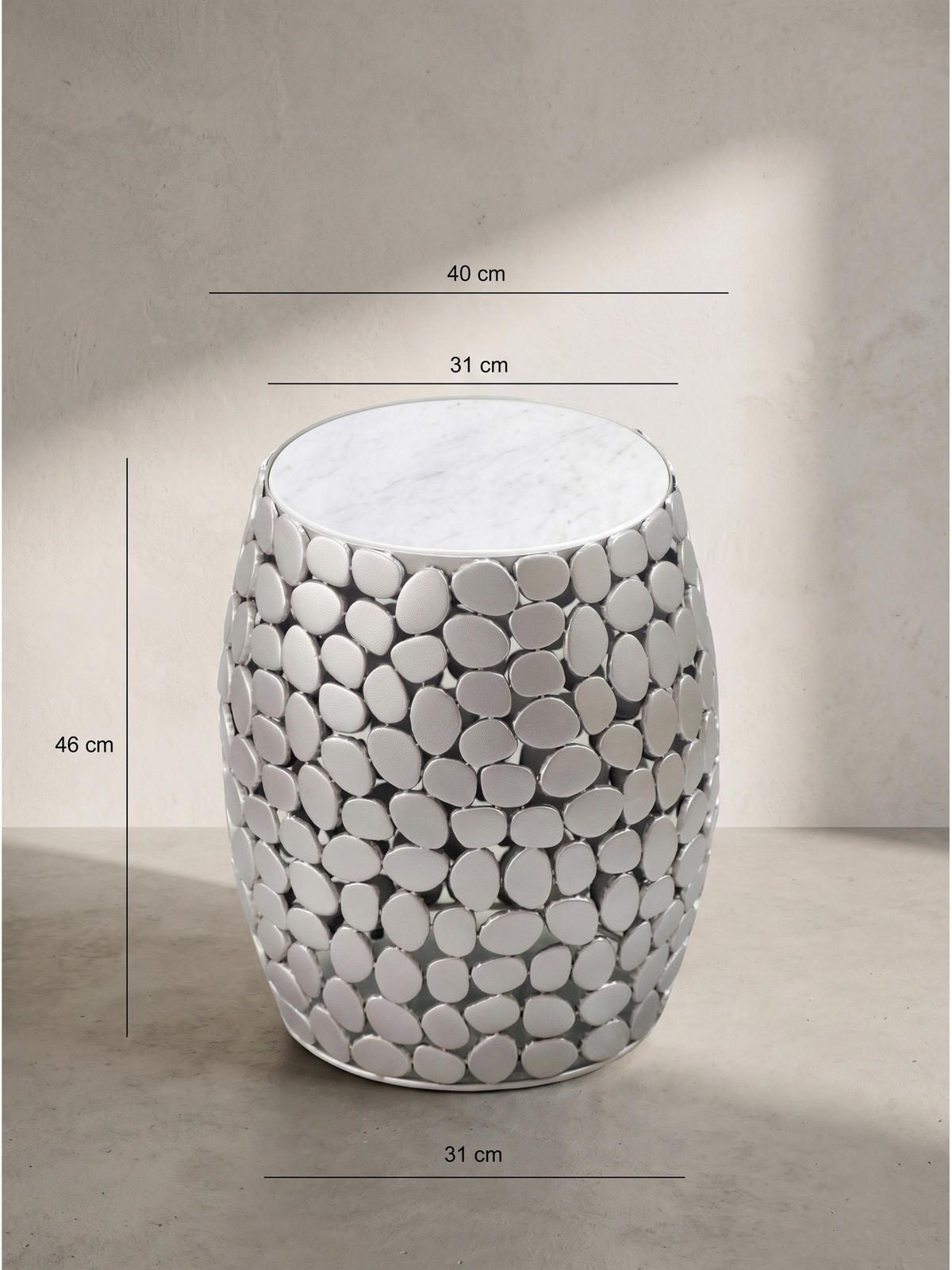 BEISTELLTISCH DIEMEL, Marmor, handgefertigt, Silber-Weiß, Ø 40 x 46 cm - Silberfarben, Stein/Metall (40/40/46cm) - KADIMA DESIGN