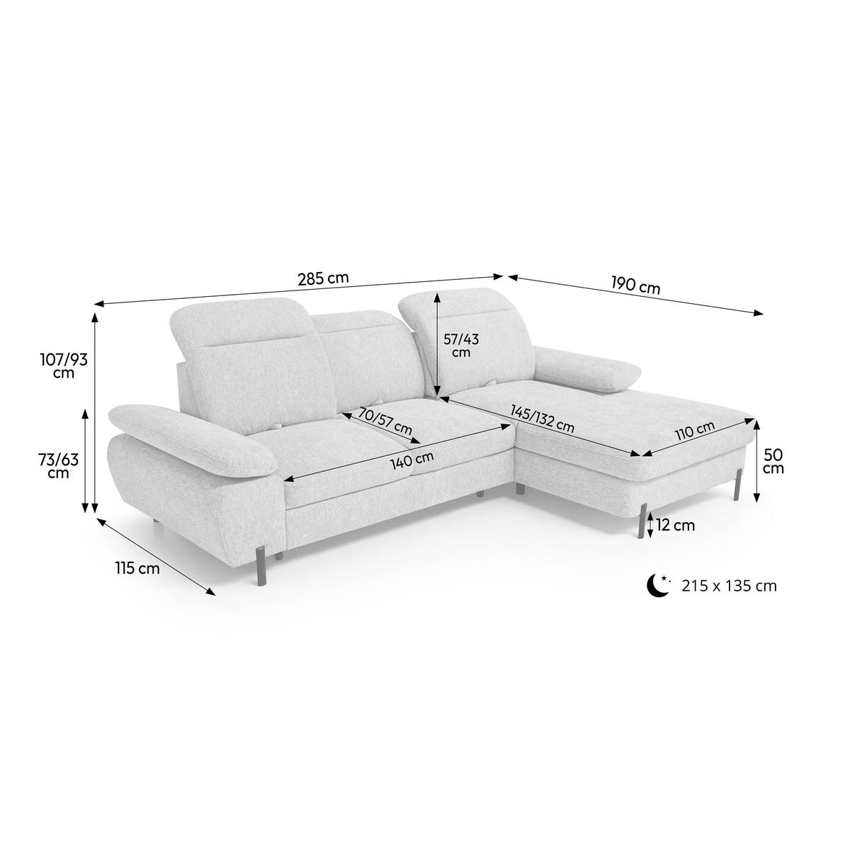 ECKSCHLAFSOFA Sora Mini mit verstellbaren Kopfstützen und Schlaffunktion, Chenille-Stoff, Beige, Rechts - Beige/Schwarz, Textil (190/285cm) - Beautysofa