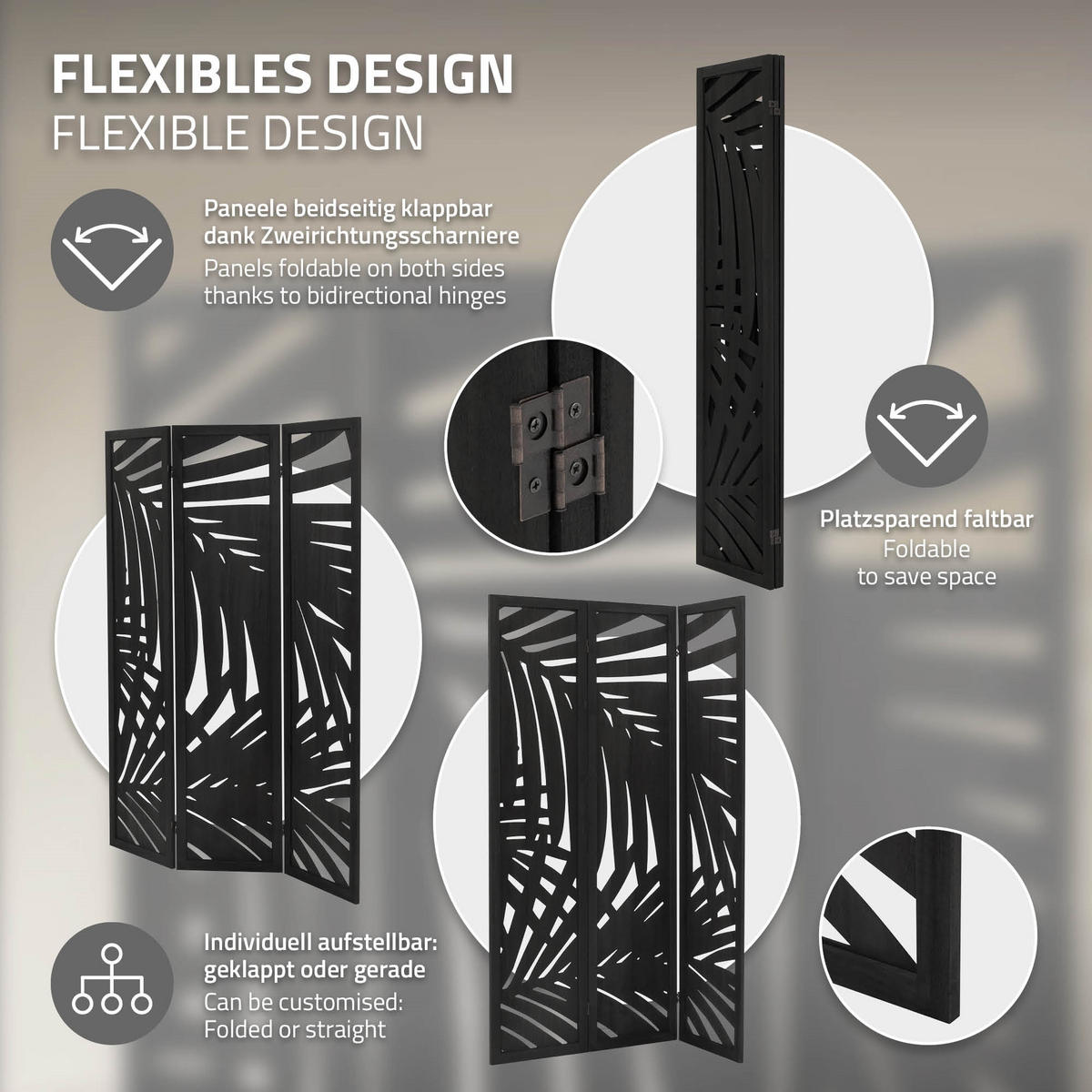 PARAVENT 3 teilig Sapporo 170x121 cm Schwarz aus Holz - Braun, Holz (121/170/2cm) - ML-DESIGN