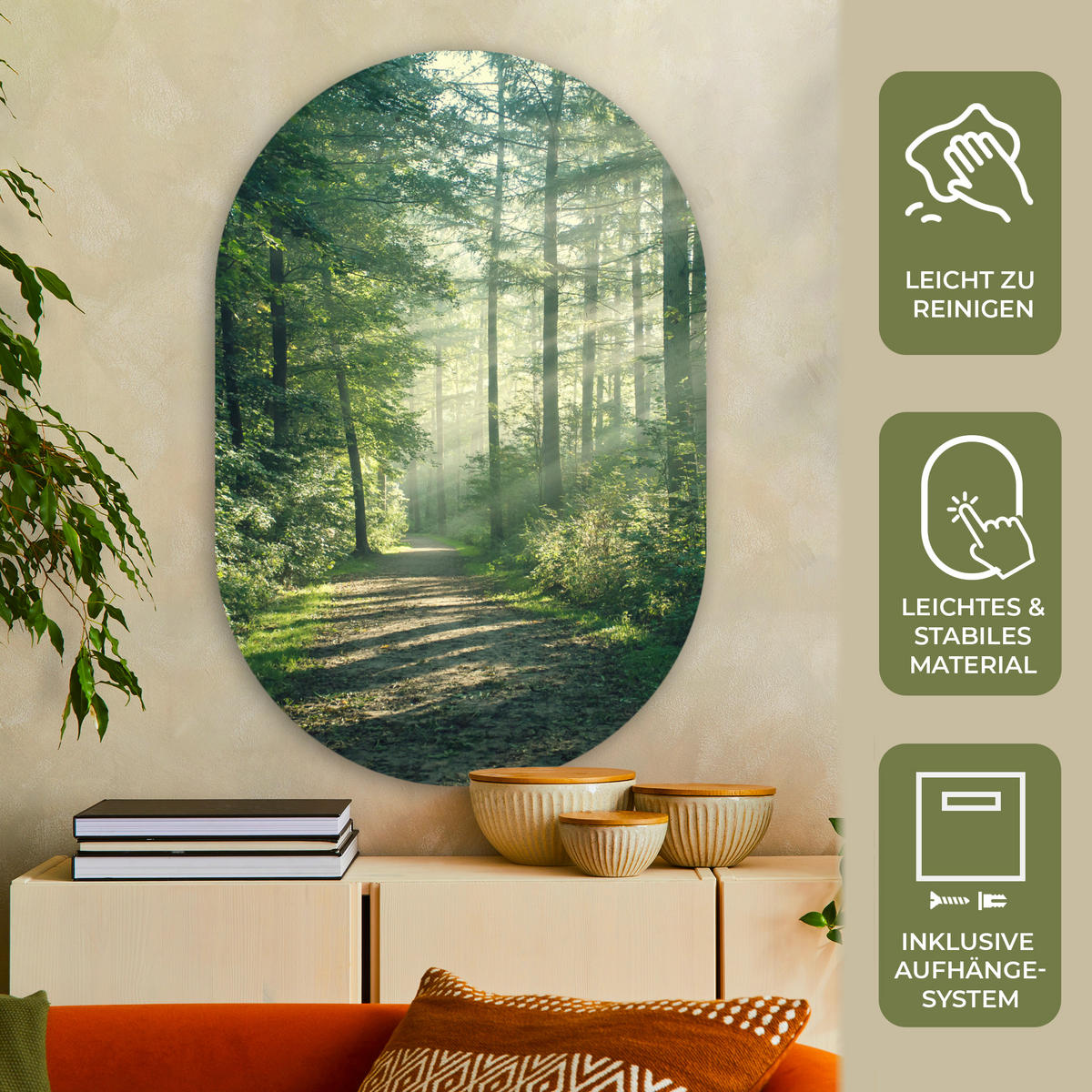 WANDBILD Wald - Weg - Sonne - Bäume - Grün - Natur 80x120 cm - Waldgrün, Kunststoff (80/120cm) - MuchoWow