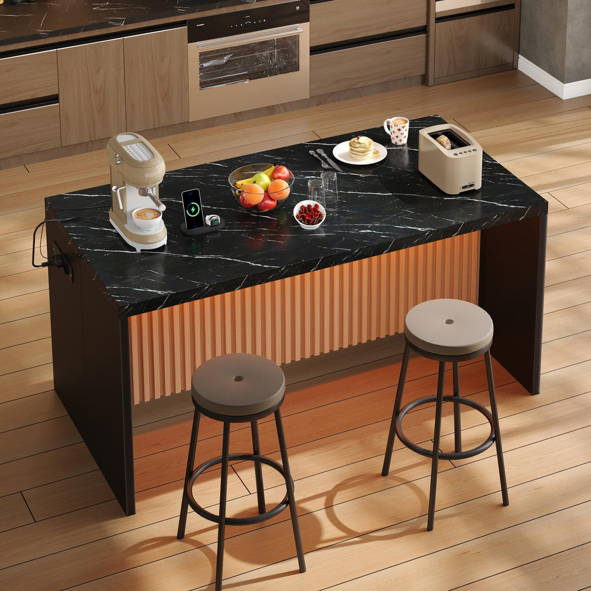 KÜCHENINSEL 155/80/90 cm Schwarz mit LED-Leuchten, 2 Steckdosen und 2 USB-Anschlüsse - Schwarz, Holz/Holzwerkstoff (80/90/155cm) - Oxeza