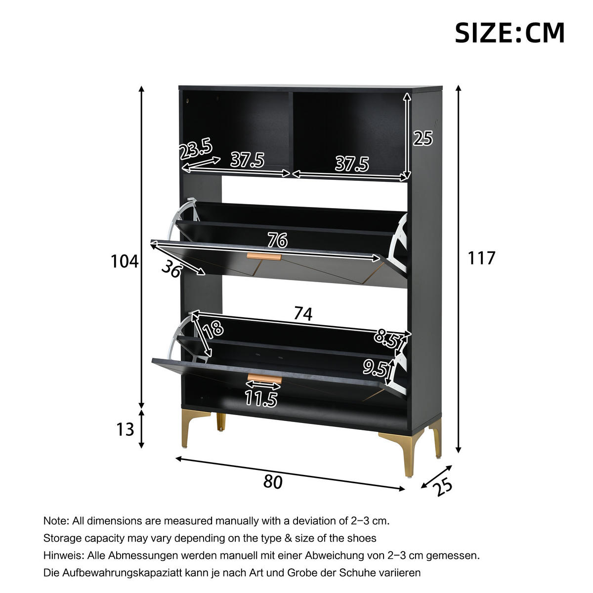 SCHUHSCHRANK 4 Klappen 8 Fächer MDF Metall Sideboard modern - Schwarz, Holzwerkstoff (25/117/160cm) - FLIEKS