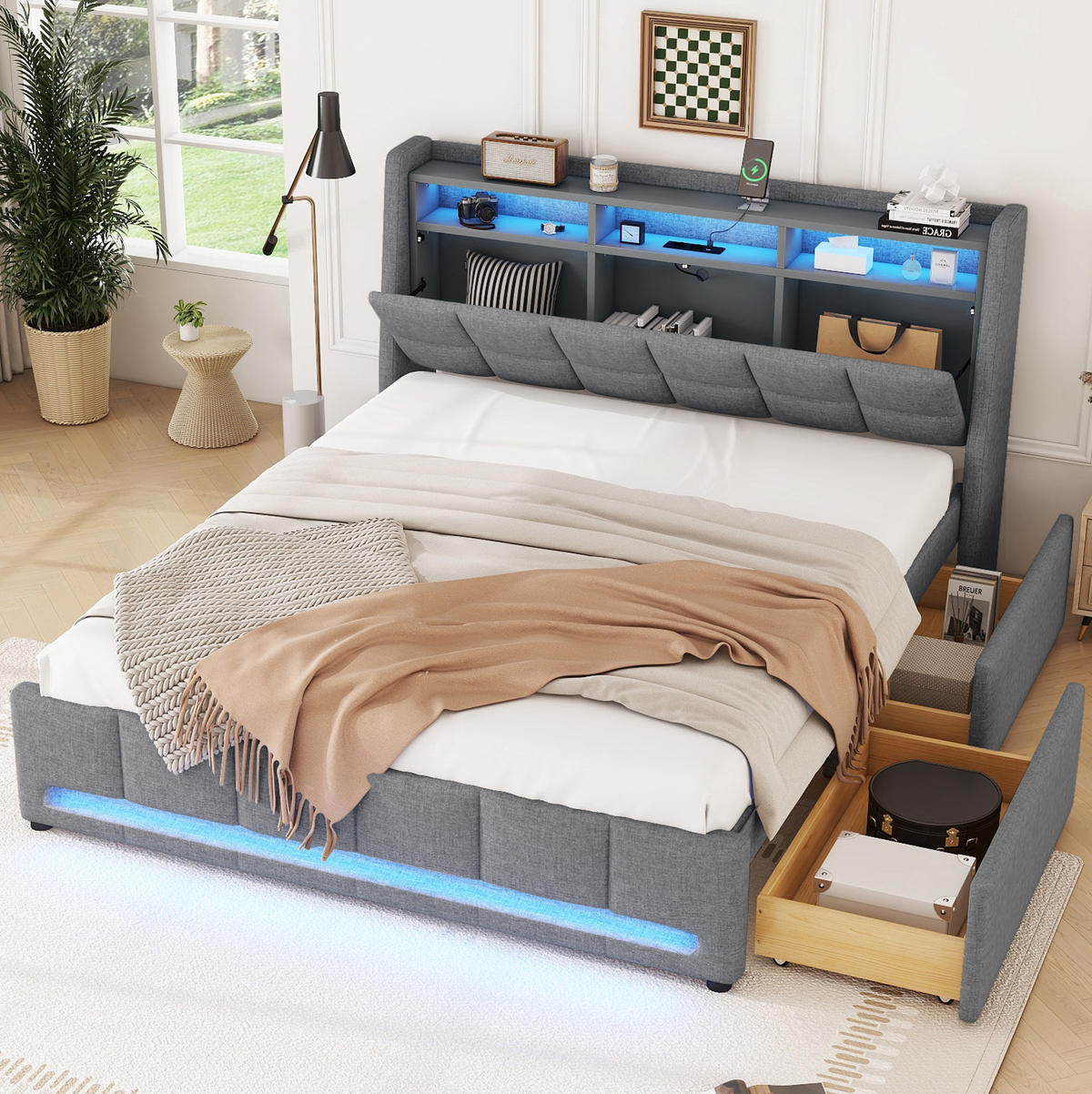 POLSTERBETT aus Leinen und MDF 140x200 cm Grau mit LED-Beleuchtung, USB-Anschluss und Schubladen - Grau, Textil (140/200cm) - IVMEU