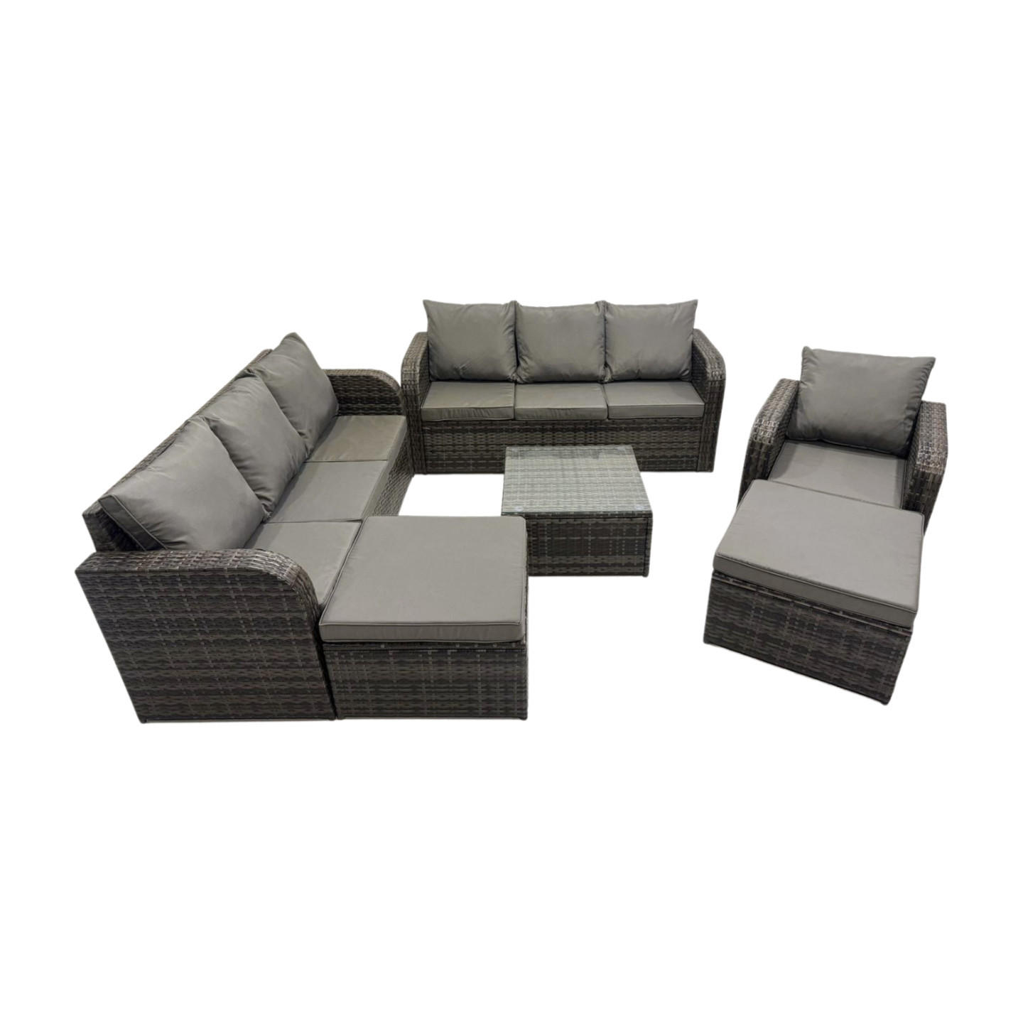 GARTENMÖBEL SET mit 3-SITZER SOFA Polyrattan Dunkelgrau 9-Sitzer - Dunkelgrau/Grau, Glas/Kunststoff - Fimous