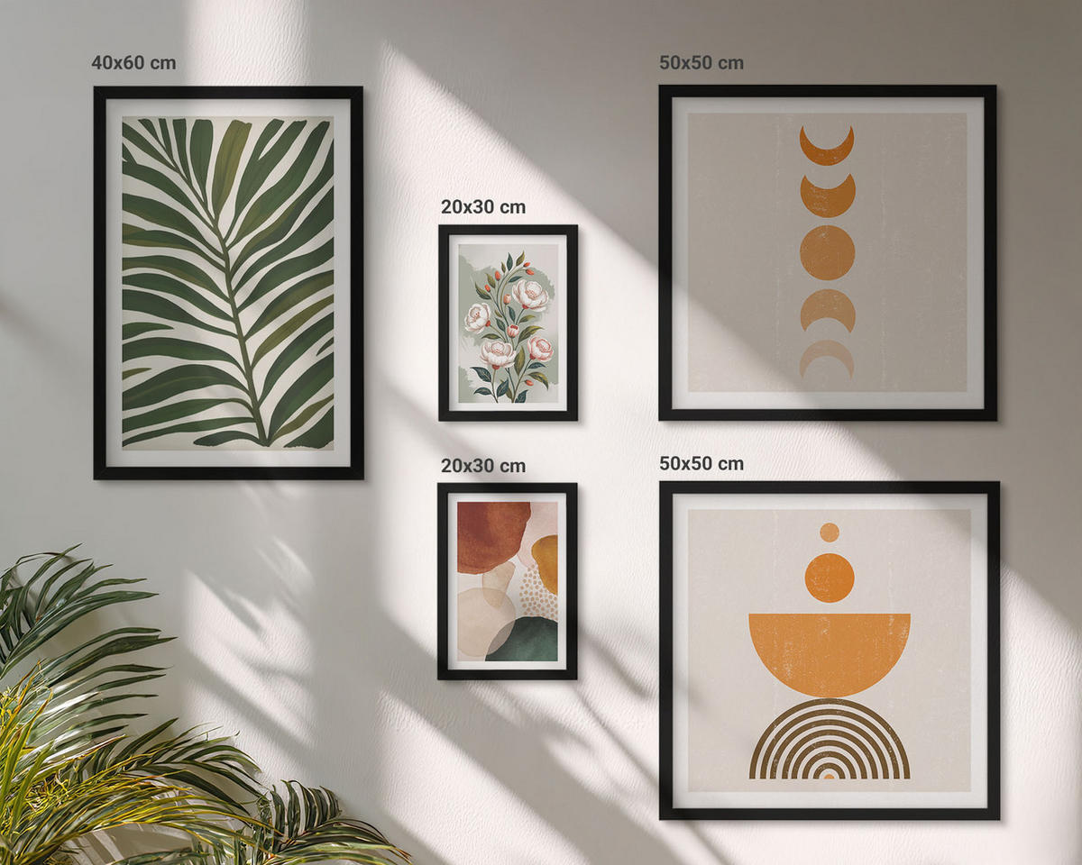 WANDBILDER 5er-Set - 50x50 cm & 20x30 cm & 40x60 cm Schwarzer Rahmen - Abstrakte Blattformen - Schwarz, Kunststoff (40/60cm) - ArtPrintCave