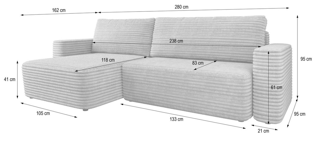 ECKSOFA TELIN Hellgrau Kordstoff mit Schlaffunktion - Hellgrau, Holz (280/162cm) - MASSENO