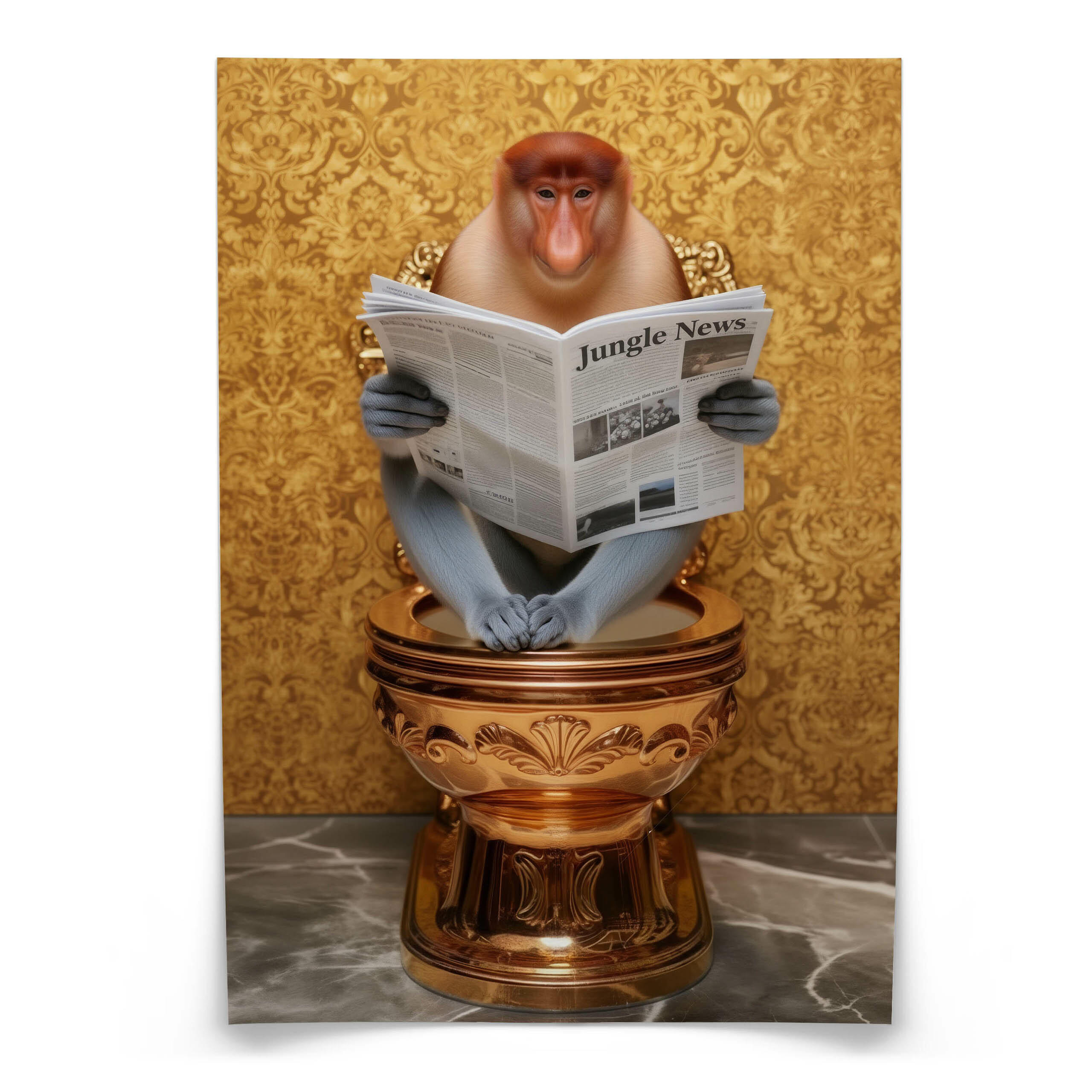 POSTER für WC Badezimmer NASENAFFE mit Zeitung Goldene Toilette Abstraktion 20x30cm - Beige/Orange, Papier (20/30/30cm) - Muralo