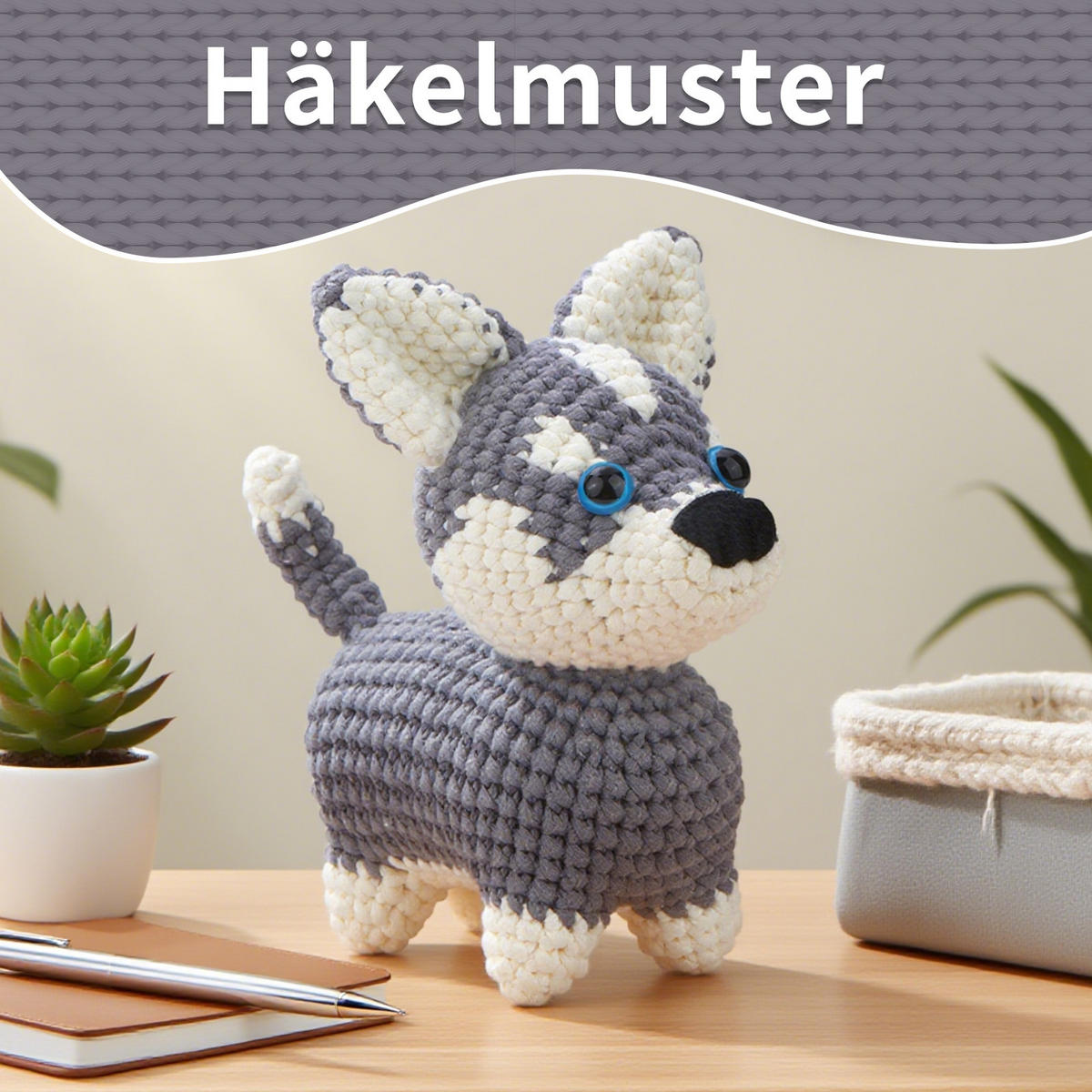 KOMPLET za kvačkanje haskijev, amigurumi za začetnike z navodili in dodatki - siva, tekstil (1/1/1cm)