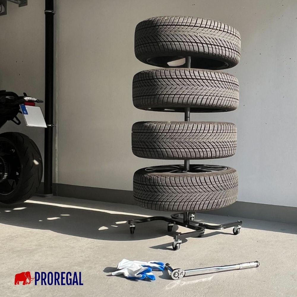 PROREGAL Fahrbarer Felgenbaum CARRERO XL für 4 Autoreifen bis 295 mm 118x85x58cm - Schwarz, Metall (85/118/58cm) - PROREGAL
