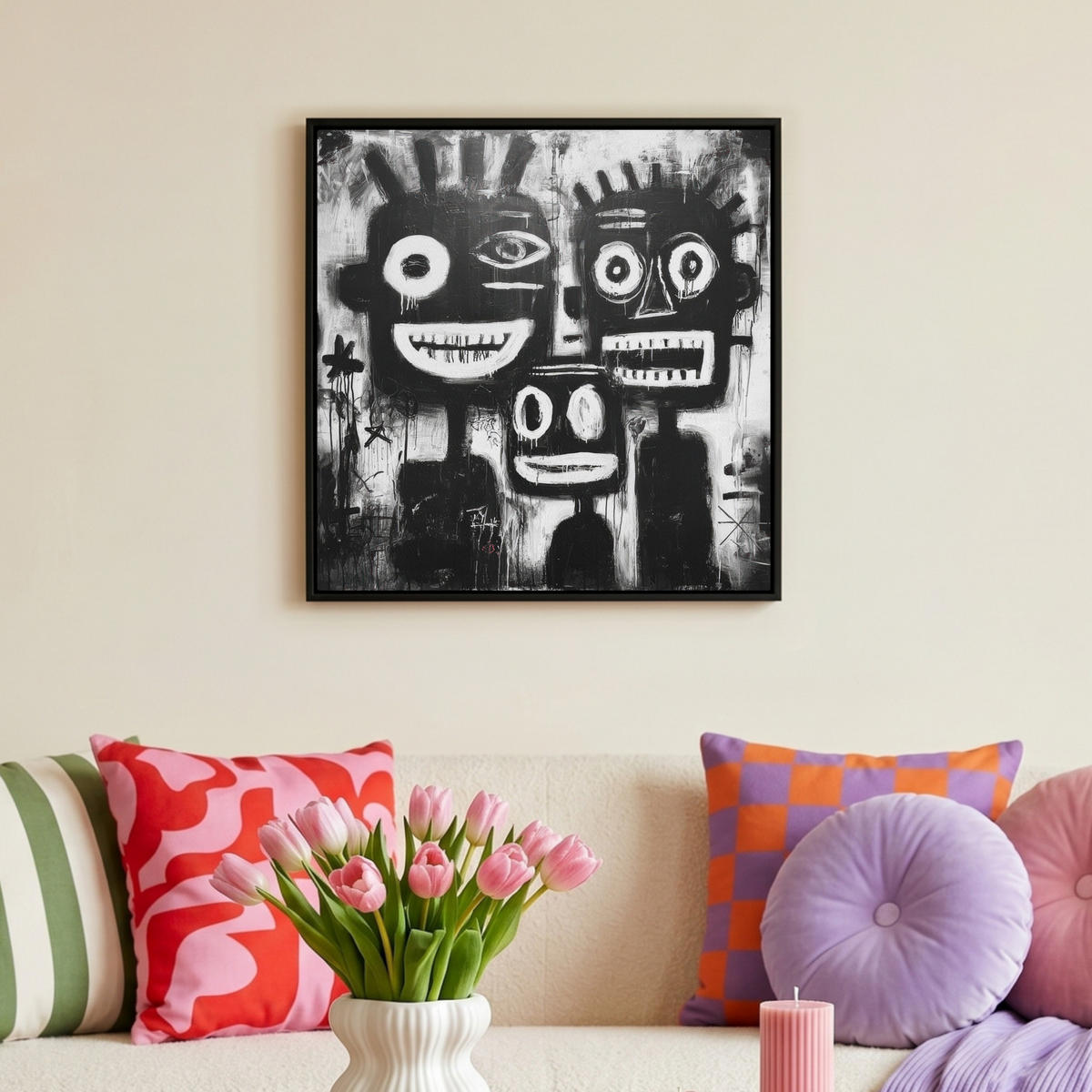 LEINWAND Bilder mit Rahmen - Malerei - Figuren - Schwarz - Abstrakt - 50x50 - Schwarz, Textil (50/50cm) - MuchoWow