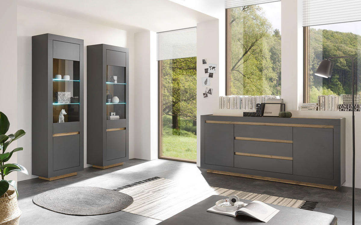 VITRINE anthrazit, Wotan Eiche, Highboard mit viel Stauraum - Eichefarben/Anthrazit, Glas/Holzwerkstoff (96/136/38cm) - Furn.Design