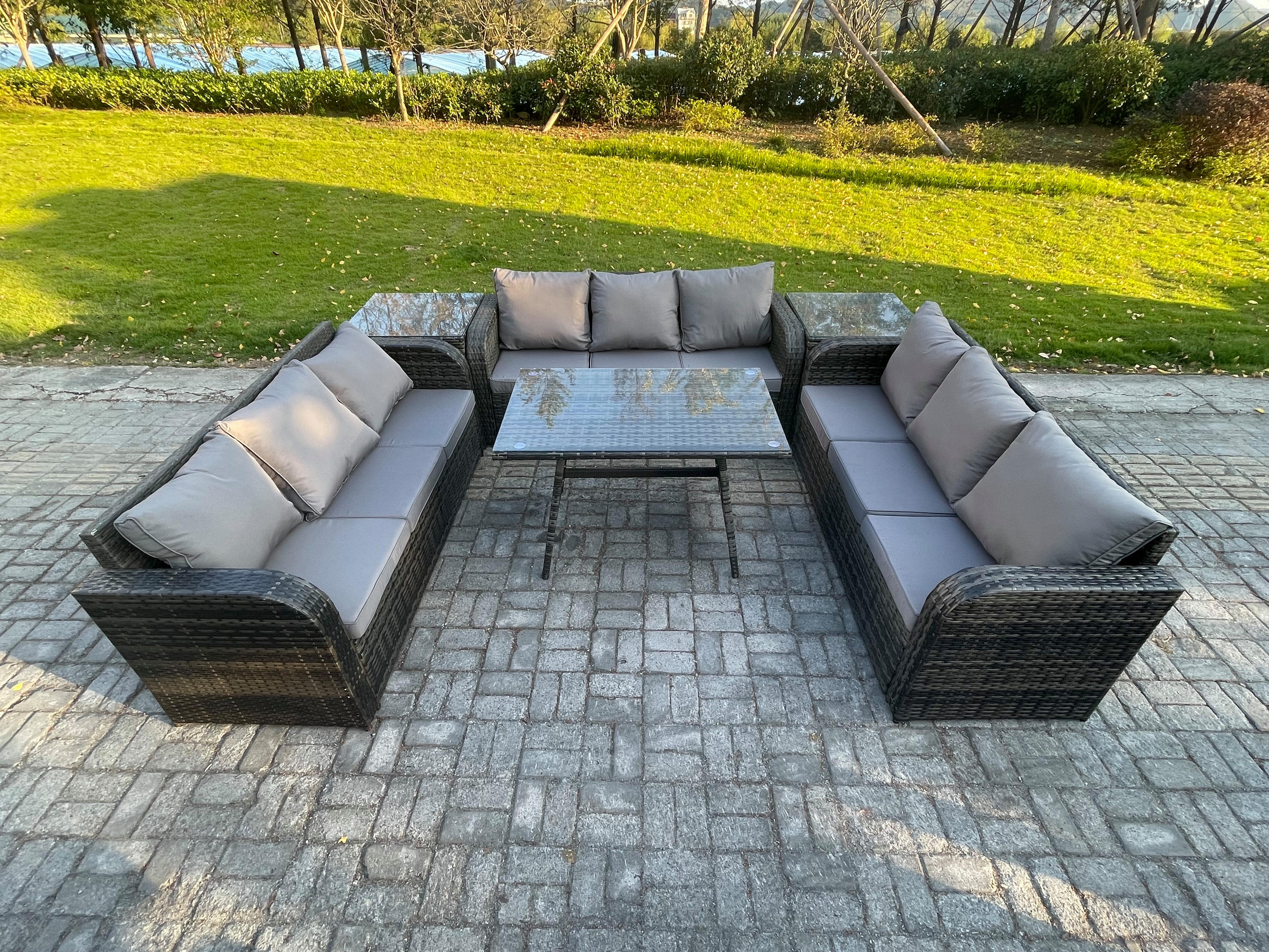 GARTENMÖBELSET mit ESSTISCH, 3-SITZER SOFA Polyrattan 9-Sitzer - Dunkelgrau/Grau, Glas/Kunststoff - Fimous