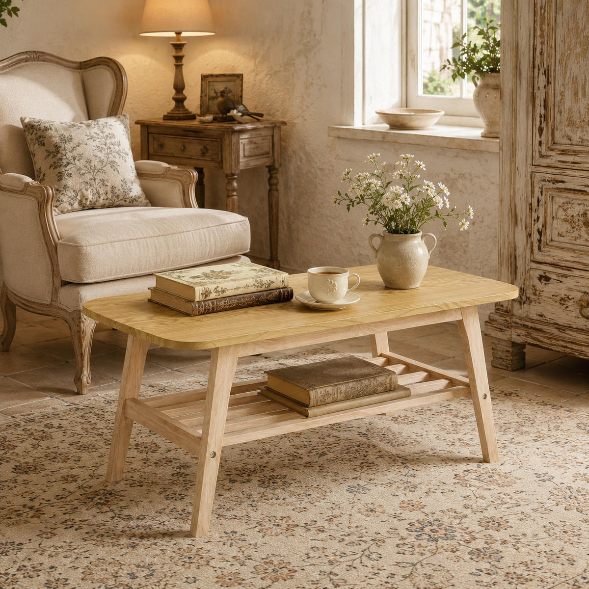 COUCHTISCH DE-37426 rechteckig mit zweistöckigem Stauraum Naturholz - Naturfarben, Holz (100/48/42.5cm) - ComfortXL