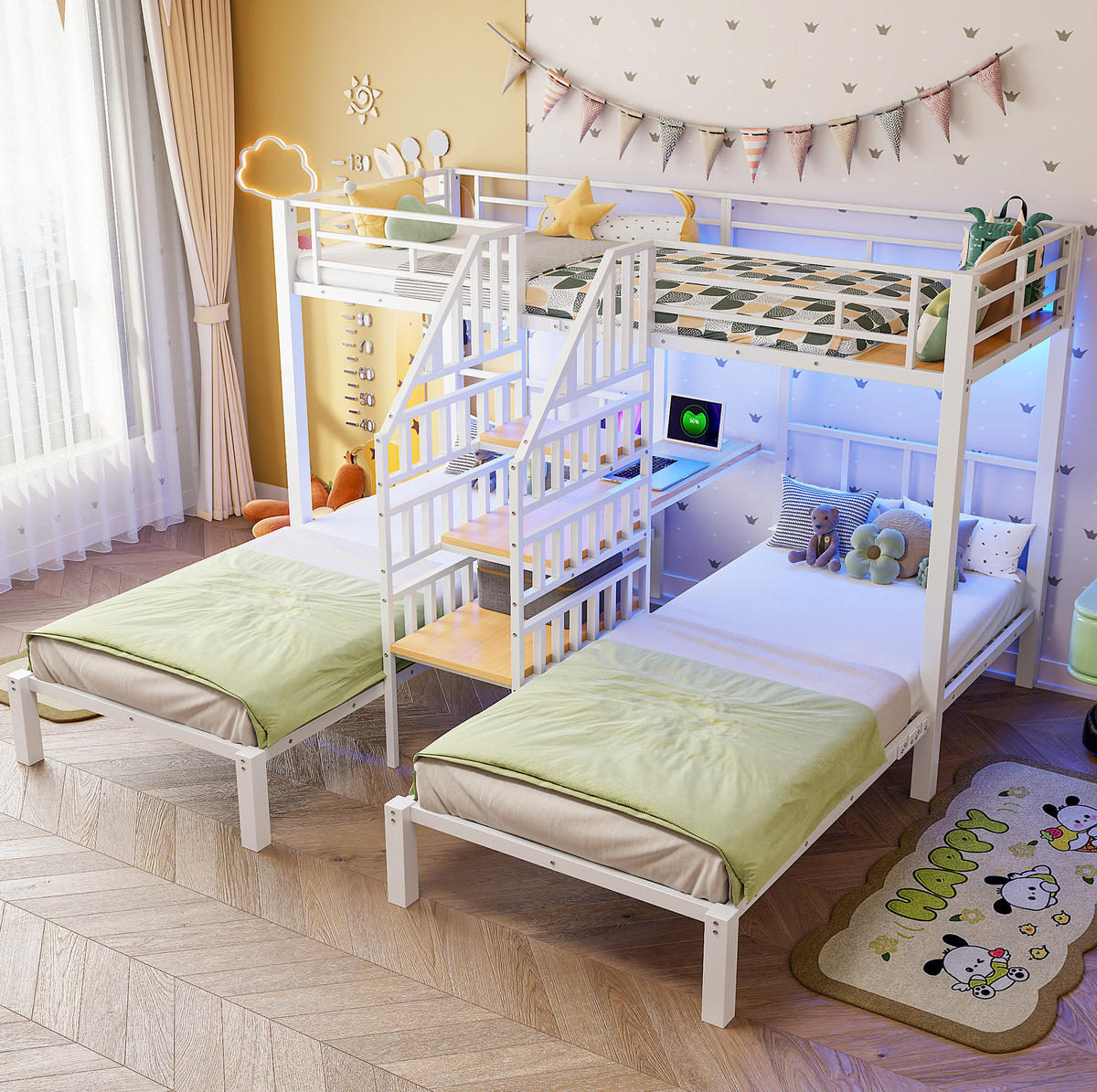 ETAGENBETT 90/200 cm mit 3 Schlafplätzen, LED, USB, Steckdose und Schreibtisch aus Metall/MDF, Weiß - Weiß, Metall (90/200cm) - Redom