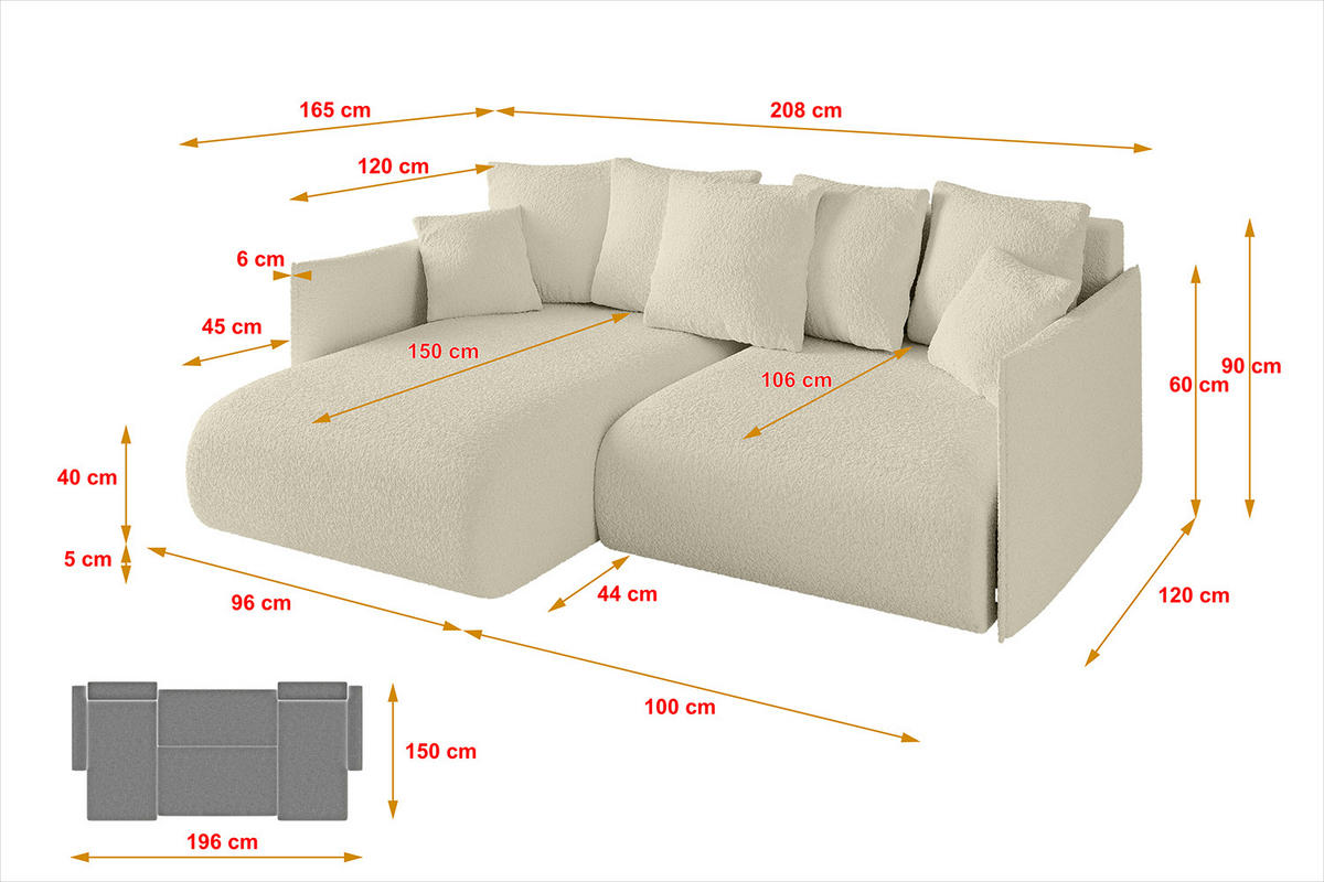 ECKSOFA mit Schlaffunktion und Bettkasten ONESK-L 208x165x40 Beige Bouclé - Beige, Holzwerkstoff/Kunststoff (208/165cm) - ALTDECOR
