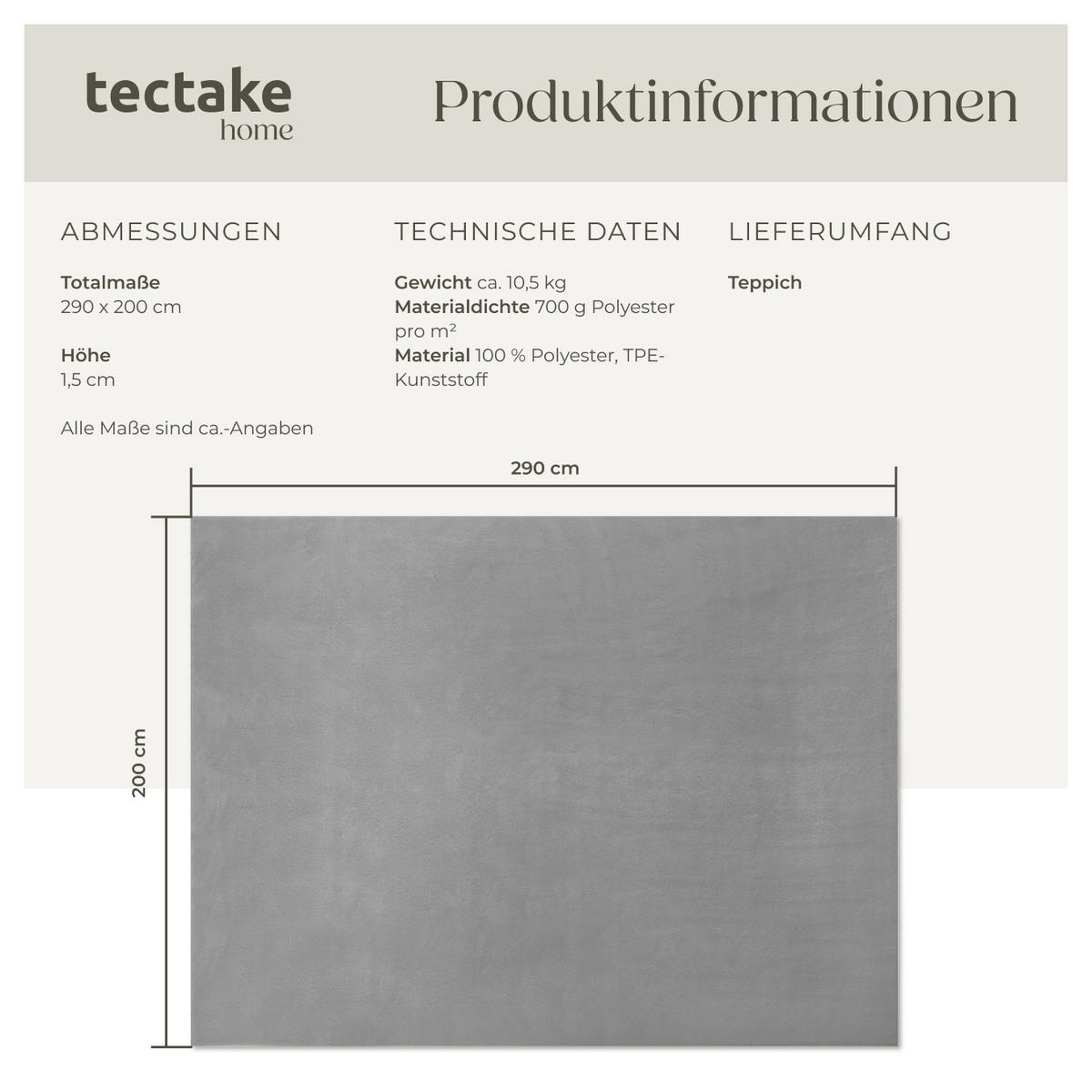 KURZFLORTEPPICH Soft Zone,rutschfeste Unterseite,grau - Grau, Kunststoff (290/200cm) - tectake