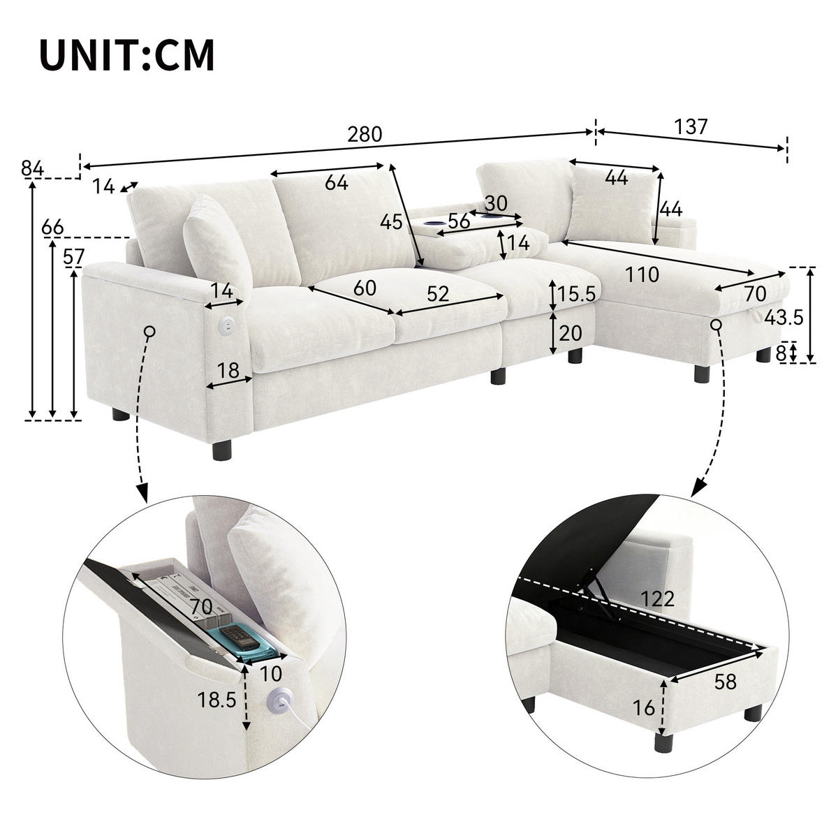 SOFA Beige L-Form Chenille Stauraum USB ausziehbar Tisch - Beige, Textil (137/84/280cm) - FLIEKS