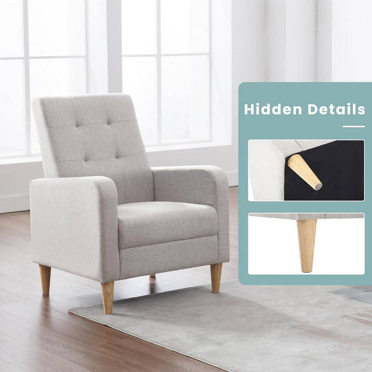 RELAXSESSEL mit Massivholzbeinen, Leinen, Hellgrau - Hellgrau, Holz/Holzwerkstoff (68/90.5/76cm) - Woltu