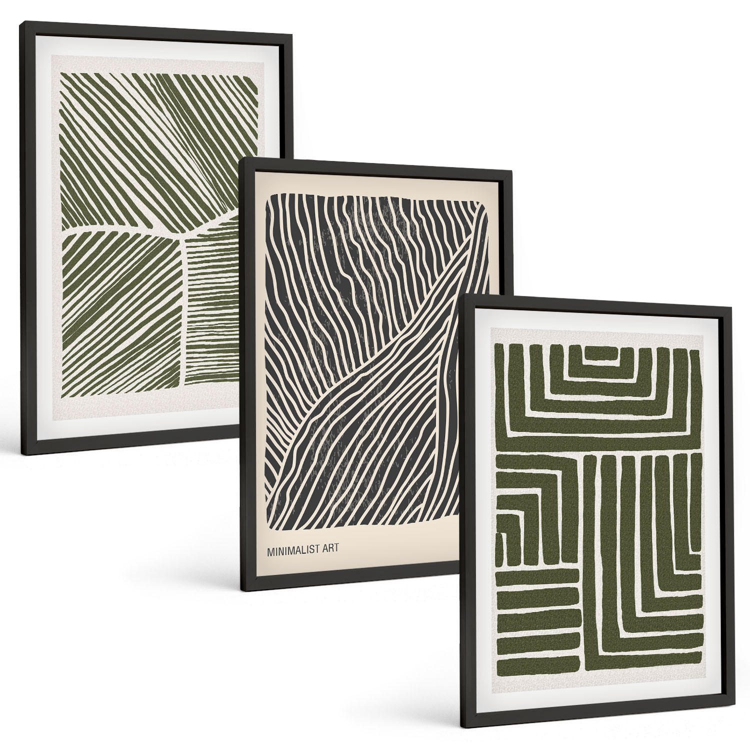BILDER SET 3er Set - 40x60 cm Schwarzer Rahmen - Muster Linien Formen grün - Schwarz, Kunststoff (40/60cm) - TULUP