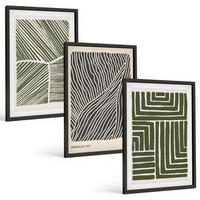 BILDER SET 3er Set - 40x60 cm Schwarzer Rahmen - Muster Linien Formen grün - Schwarz, Kunststoff (40/60cm) - TULUP