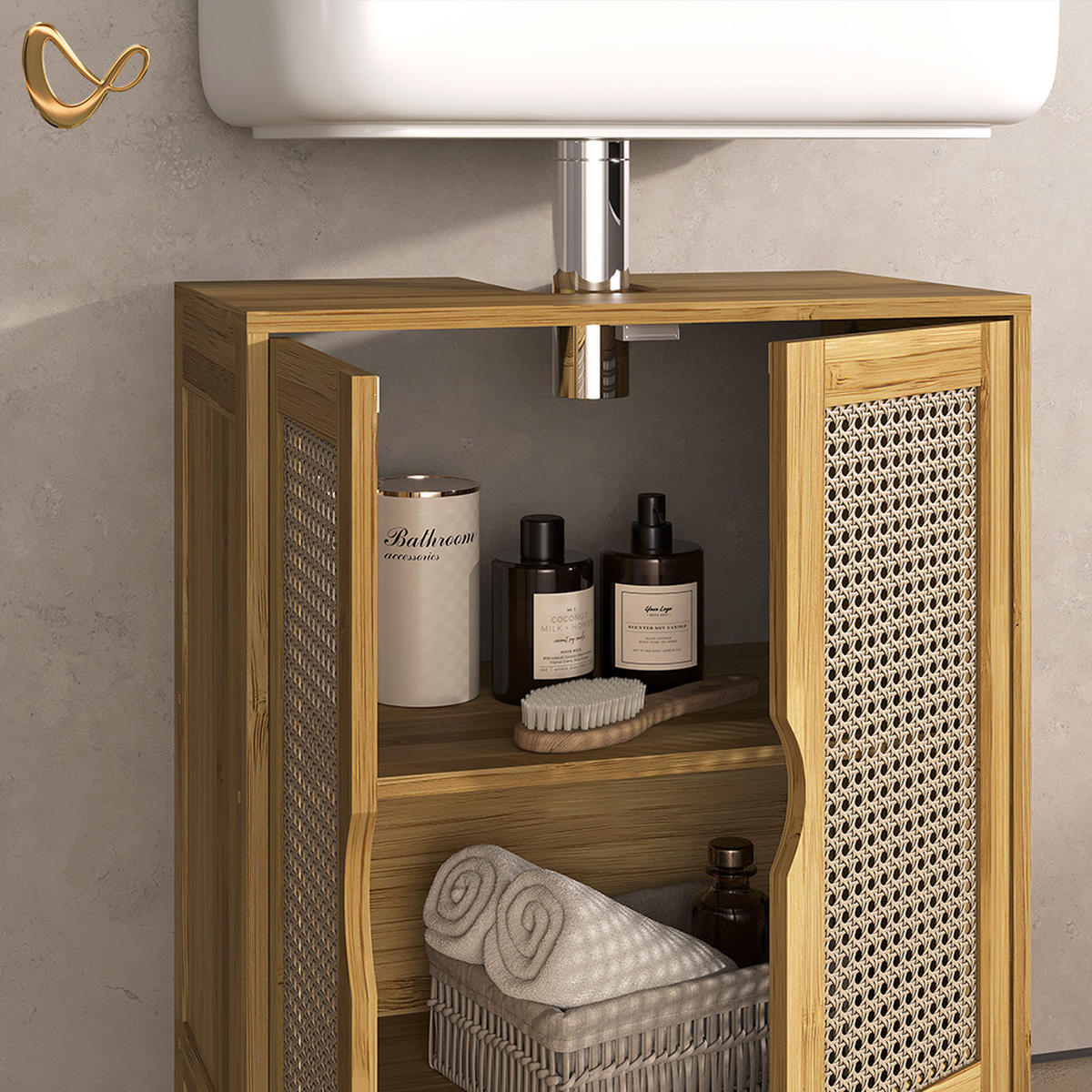 SADA KOUPELNOVÉHO NÁBYTKU Mincio, Bambus, 2dílná - přírodní, kompozitní dřevo (50/60/29cm) - Livinity®
