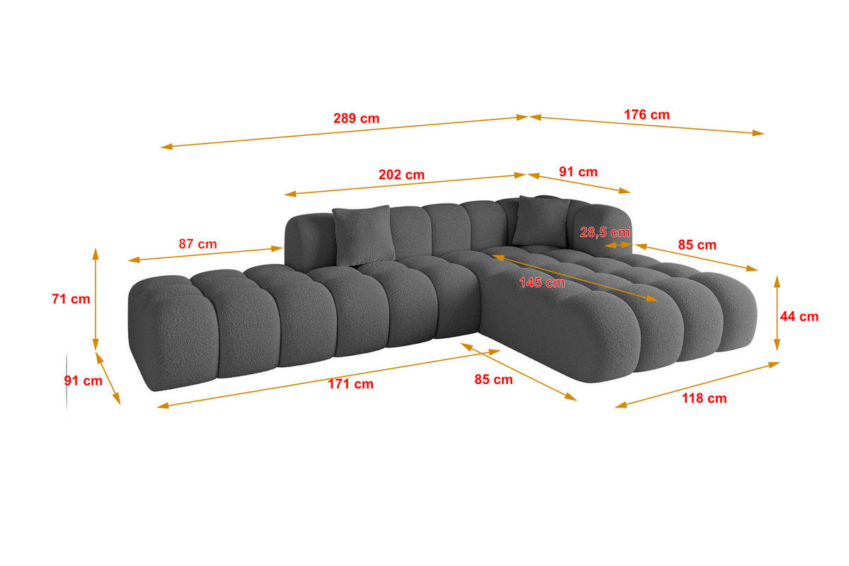 ECKSOFA Ottomane Rechts OLEA-L2 - 289x176x71 cm Grau - Platinfarben/Schwarz, Holzwerkstoff/Kunststoff (289/176cm) - ALTDECOR