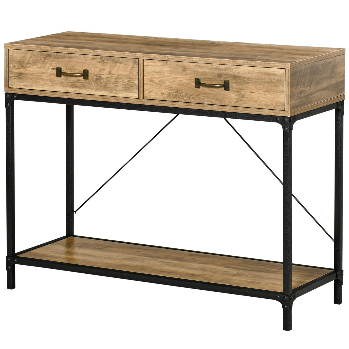 HOMCOM Konsolentisch mit 2 Schubladen und Ablage, moderner Flurtisch im Holz-Metall-Design, Braun/Schwarz 100x35x76,5 cm - Braun, Holzwerkstoff (100/76.5/35cm)