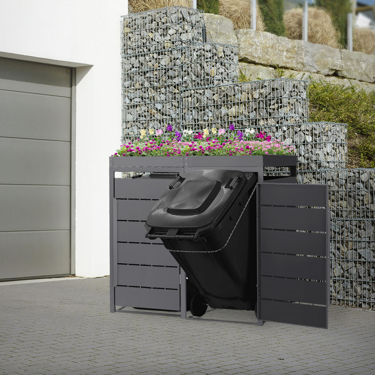 MÜLLTONNENBOX 2er mit Pflanzdach 240L 132x80x124 cm Anthrazit aus Stahl - Anthrazit, Metall (80/124/132cm) - ML-DESIGN