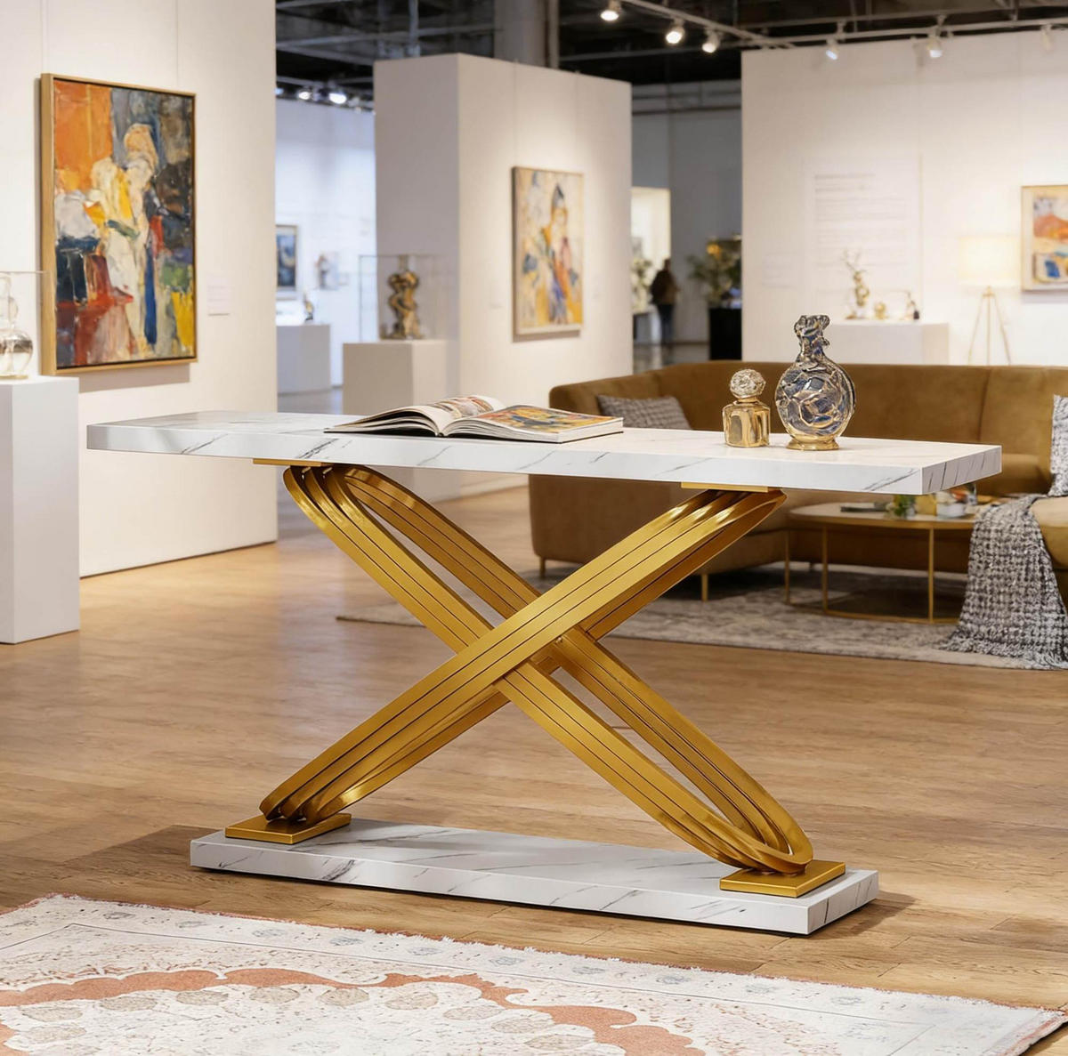 KONSOLENTISCH mit X-Gestell Metall Weiß/Gold - Weiß, Metall (140/35/80cm) - Meubliv