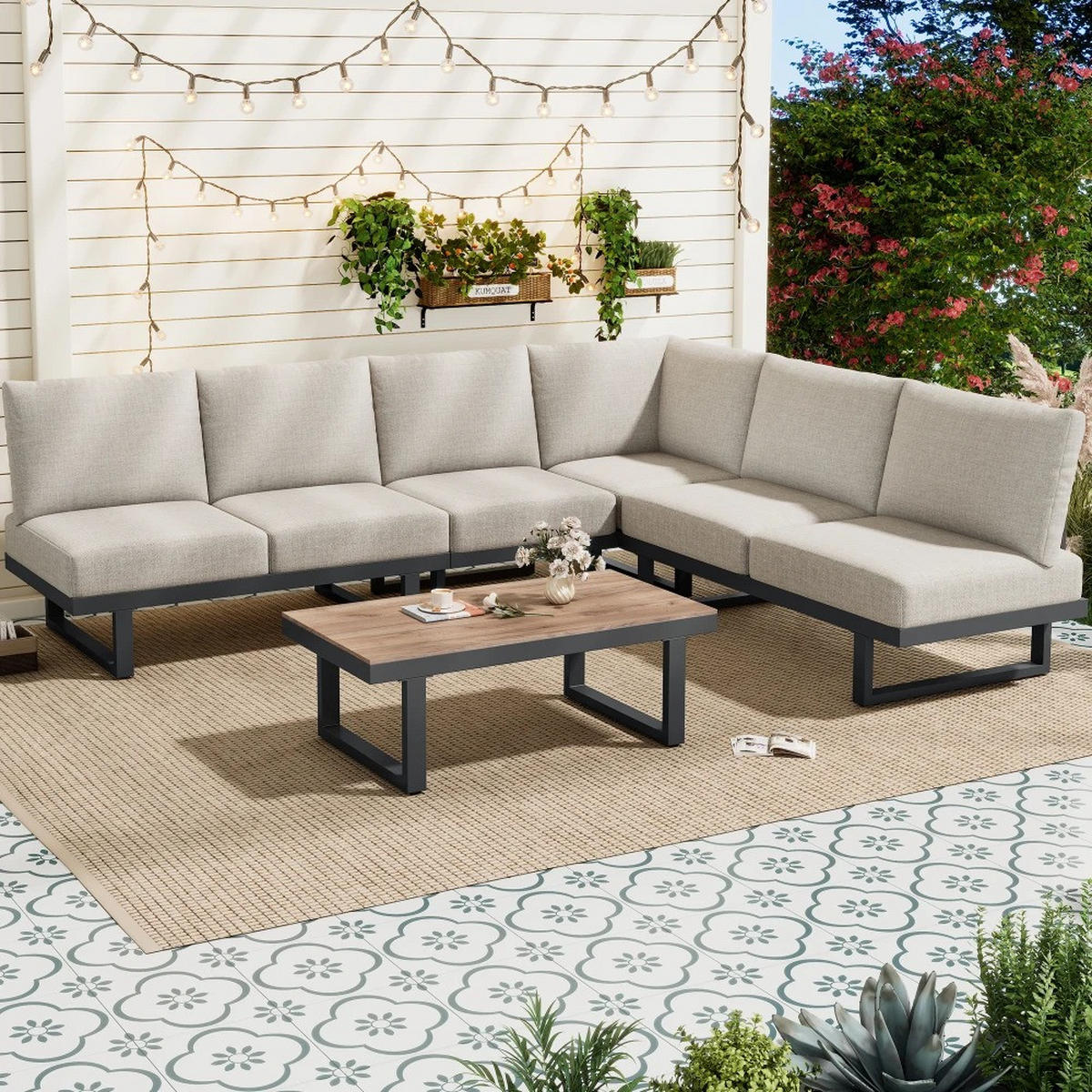 DINING-LOUNGESET 3-tlg. Ecksofa & Tisch Gartenmöbel - Beige, Textil - Kaket
