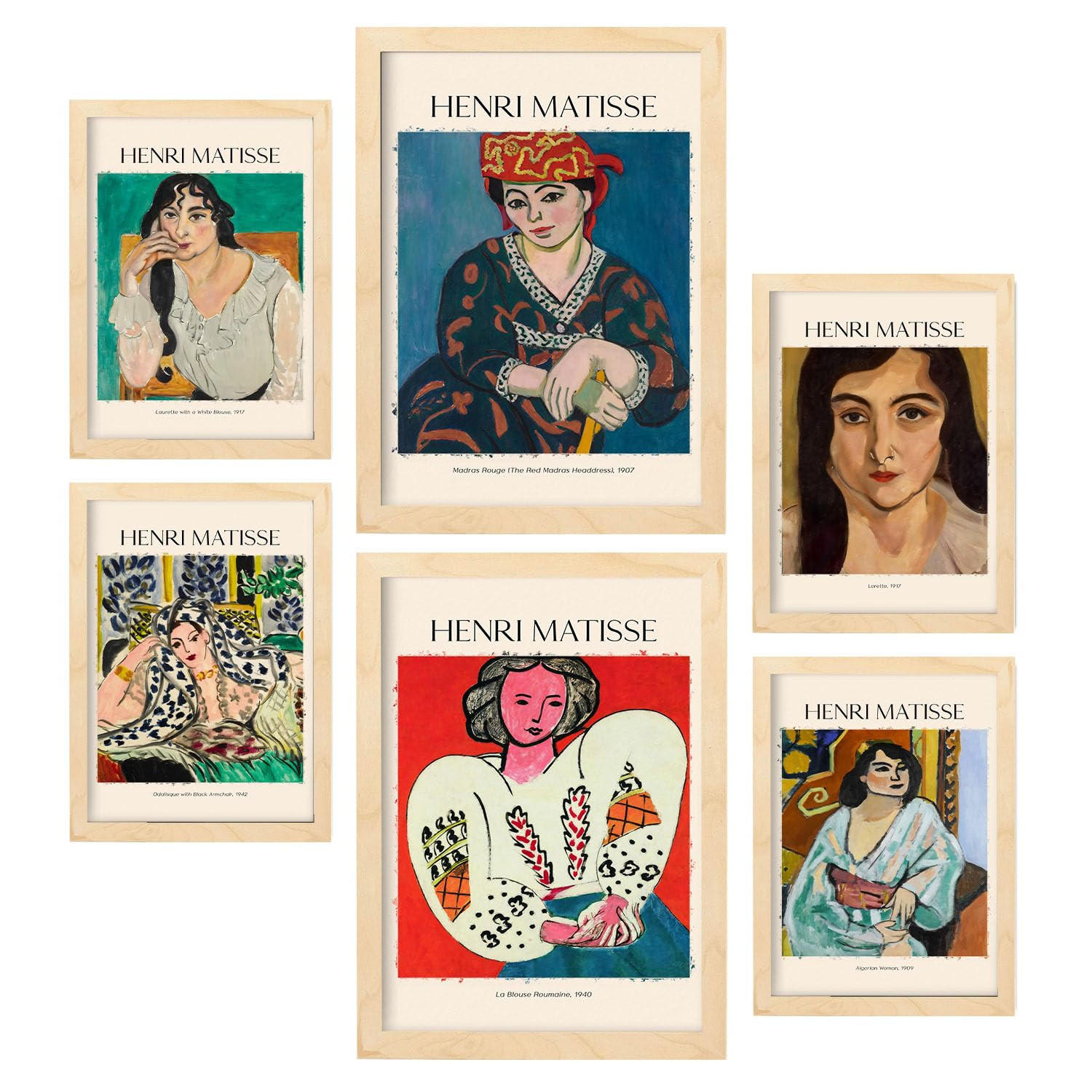 POSTER Set Mit 6 Henri Matisse Sammlung A3 & A4 Rahmen Aus Hellem Holz - Beige, Papier (29/3cm) - Nacnic