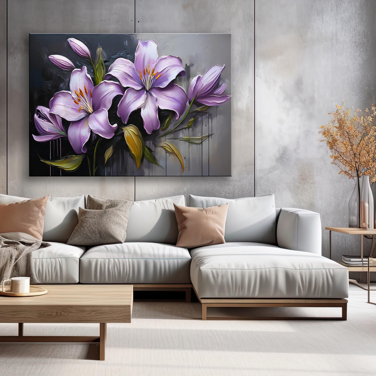 WANDBILD lilienblüten lila bemalt - Lila, Textil (60/40cm) - Feeby