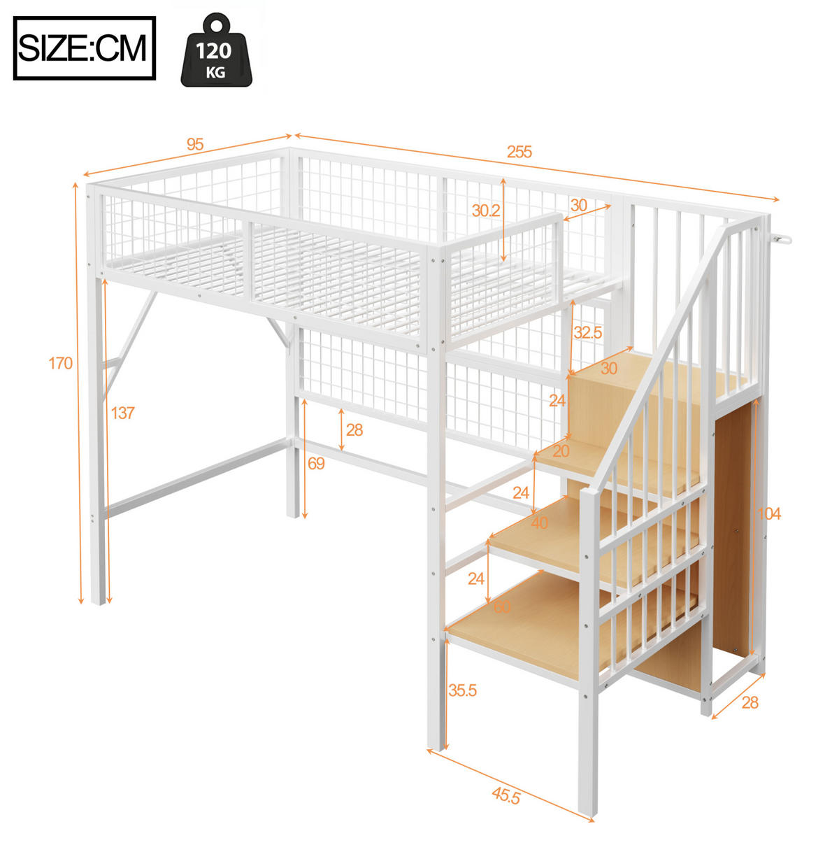 VYSOKÁ postel 90/200 cm bílá z kovu se schodišťovým úložným prostorem a s LED osvětlením - bílá, kov (90/200cm) - OKWISH