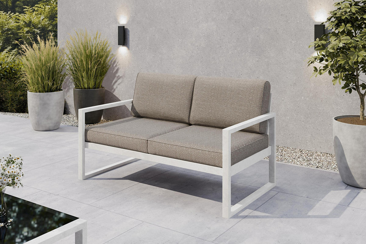 GARTENSET Madera für 6 Personen Balkonmöbel Aluminium Terassenmöbel Sitzbank, 4-tlg. Tisch, weiß, graubeige - Beige/Weiß, Kunststoff/Metall - Margaret Hadas24