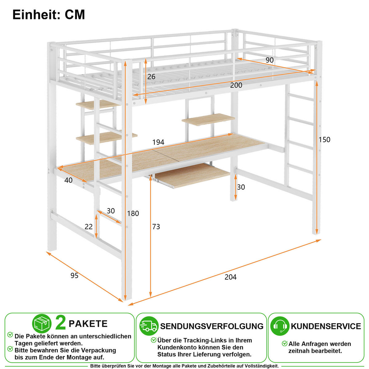 VYVÝŠENÁ POSTEL 90/200 cm v bílé barvě s psacím stolem a 2 policemi - bílá, kov/kompozitní dřevo (90/200cm) - CHICFURN